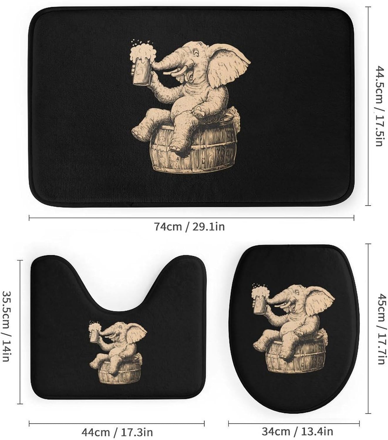 Happy Drinking Elephant Modern Bathroom Sets with Shower Curtain and Rugs Decor 4 Pcs with 12 Hooks