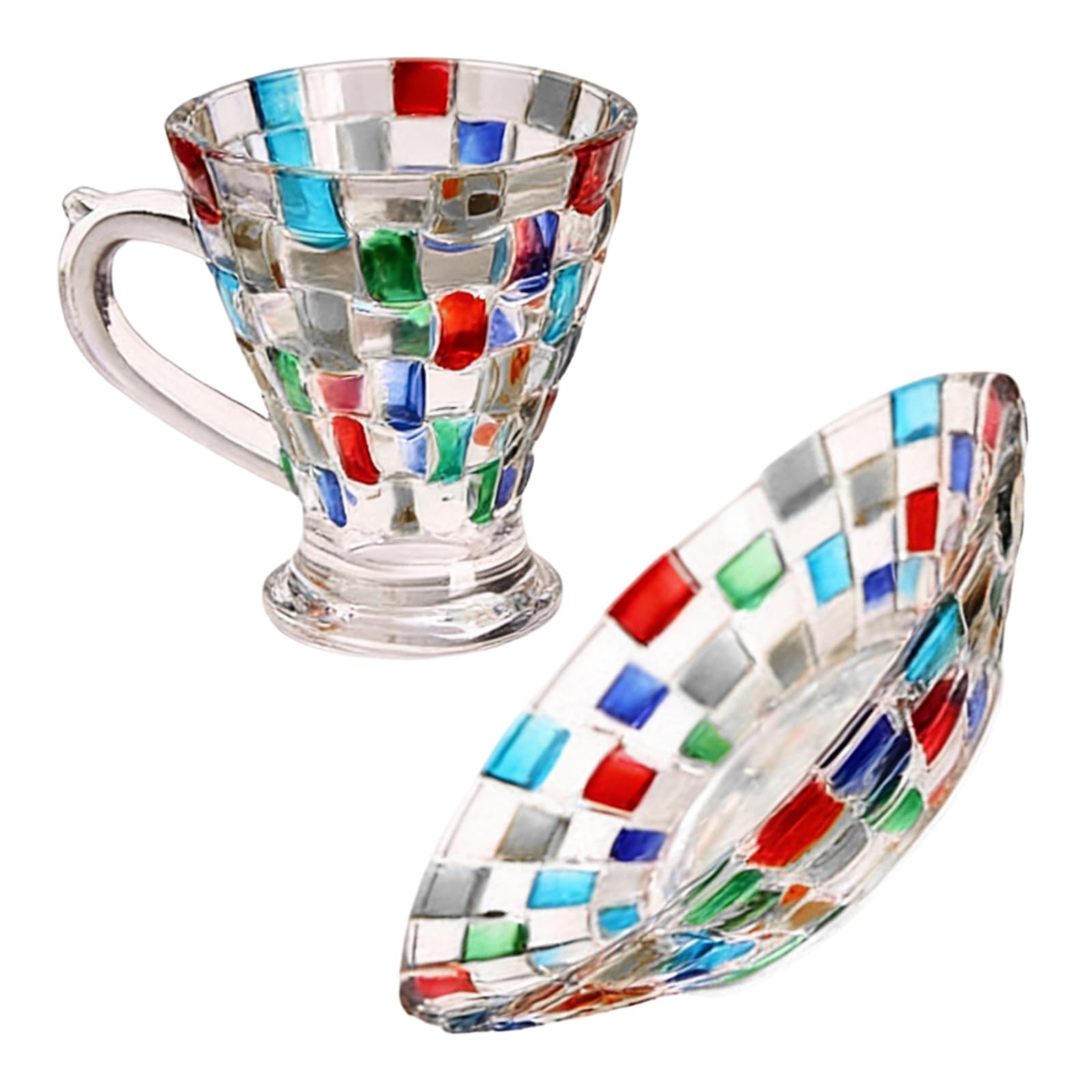 jiingekk Artistic Painted Glass Coffee Cup and Saucer Set Woven Crystal Colorful Drinking Glasses Mug for Espressos Milk Juices Tea Woven Crystal Cup