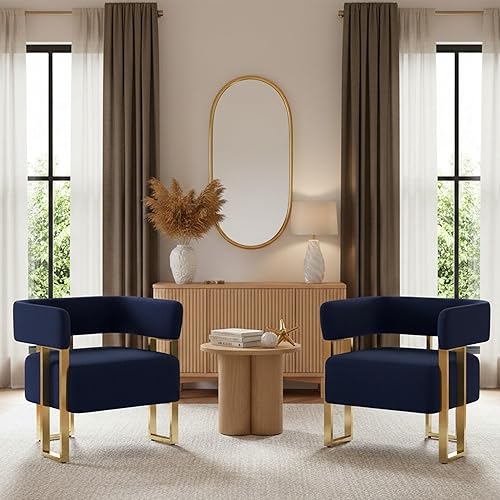 AODAILIHB Juego de 2 sillas decorativas modernas, sillas de barril de terciopelo azul con patas de metal dorado, sillones tapizados para sala de