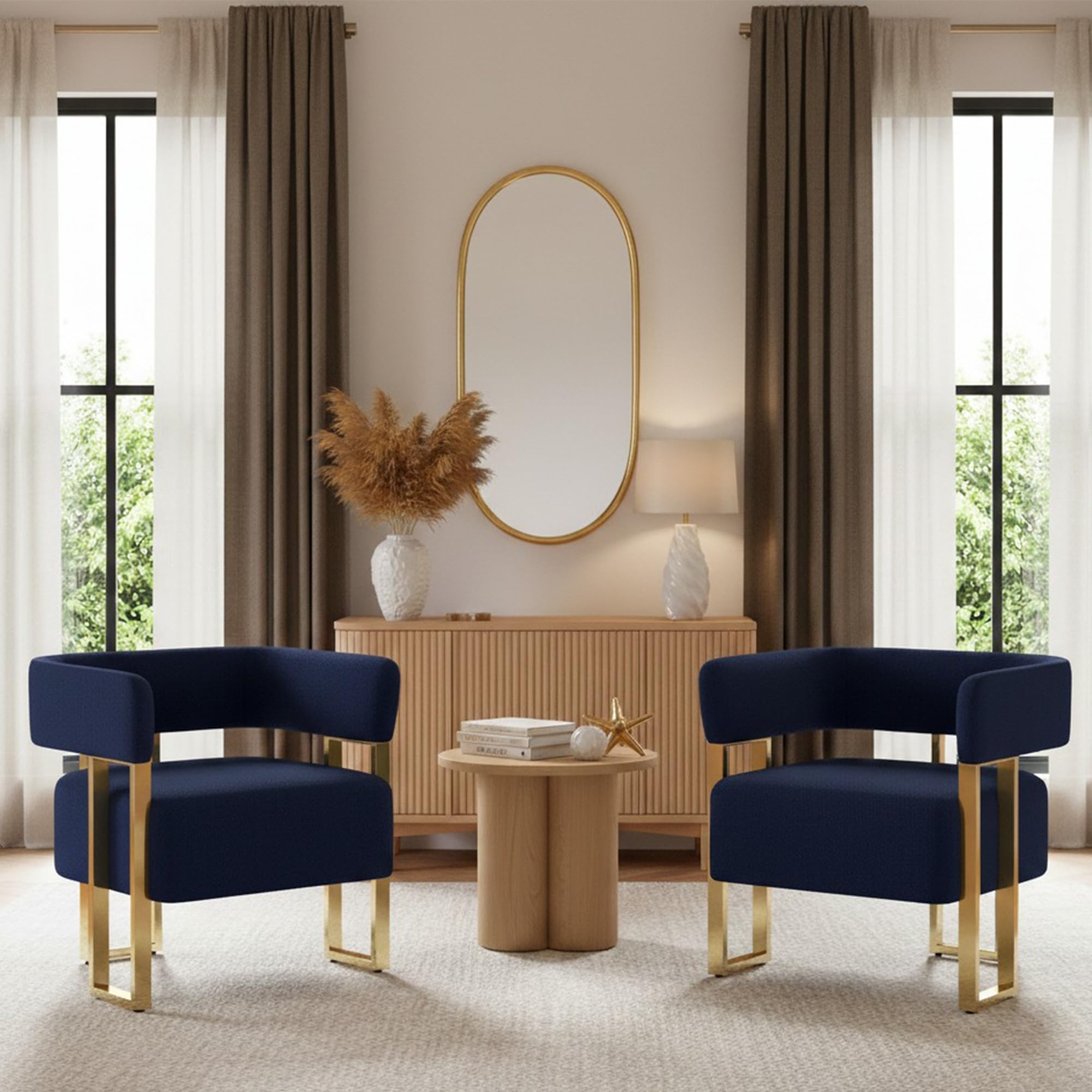 AODAILIHB Modern Accent Chairs Set of 2, Blue Velvet Barrel Chairs with Gold Metal Legs - Upholstered Armchairs for Living Room, Bedroom, Lounge &