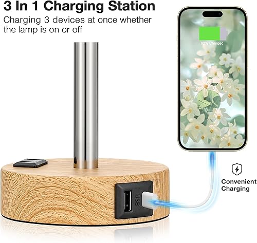 Vista 62 de Fenmzee Juego de lámparas de mesa pequeñas táctiles regulables de 2 a 3 vías, carga USB A + C, salida de CA, base de grano de madera, bombillas
