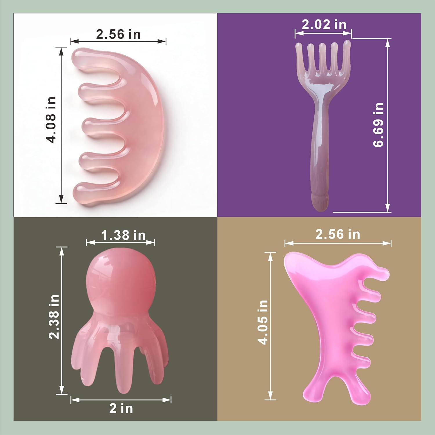 4 Pcs All-in-One Head Massager Set: Scalp Comb, Gua Sha, Octopus & Five Claw Tool for Stress Relief, Relaxation, Acupressure - Gift for Christmas, Birthday, Mother's Day, Father's Day (Pink)