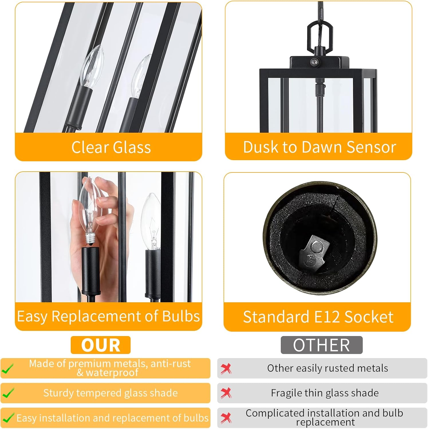 Large Outdoor Pendant Light 2-Light, 15'' Dusk to Dawn Modern Black Metal Outside Chandelier Exterior Hanging Fixture Ceiling Mount with Clear Glass for Front Porch Entrance Foyer Entryway, 1 Pack