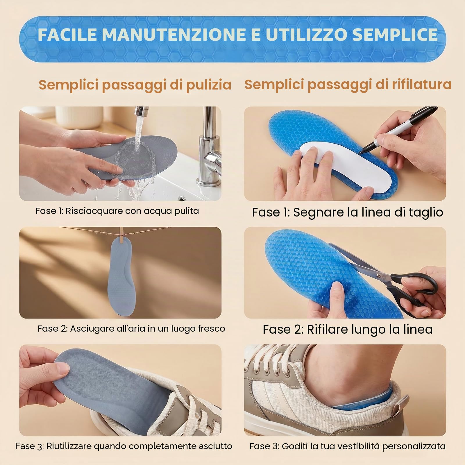 1 paio di solette sportive in gel di silicone blu, riutilizzabili, a nido d'ape, a tutta lunghezza, antiscivolo, comode, ammortizzanti, per scarpe da uomo e donna (grande)