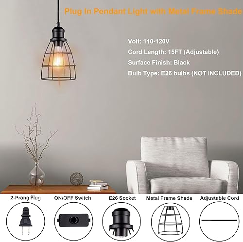 Miniatura 4 de LIT-PaTH Iluminación colgante enchufable, kits de luz colgante con interruptor de encendidoapagado, cable de 15 pies, bombillas no incluidas, negro,