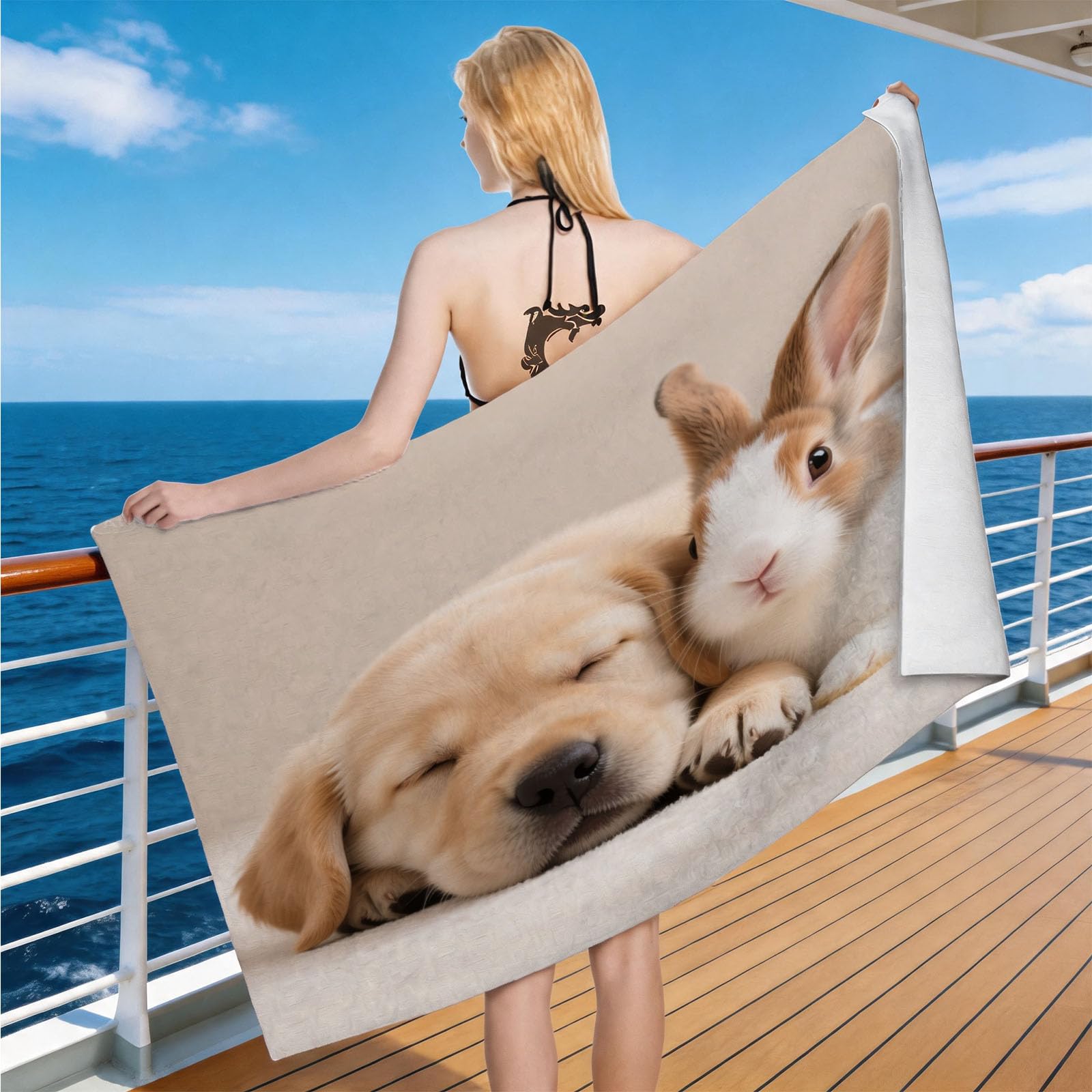 Hongduo Microfiber Quick Dry Beach Towel Dog & Rabbit, 3D Animal Beach Towels Absorbent Fast Drying Bath Towels, Travel Camping Gym Swimming Bathroom (80x160cm)