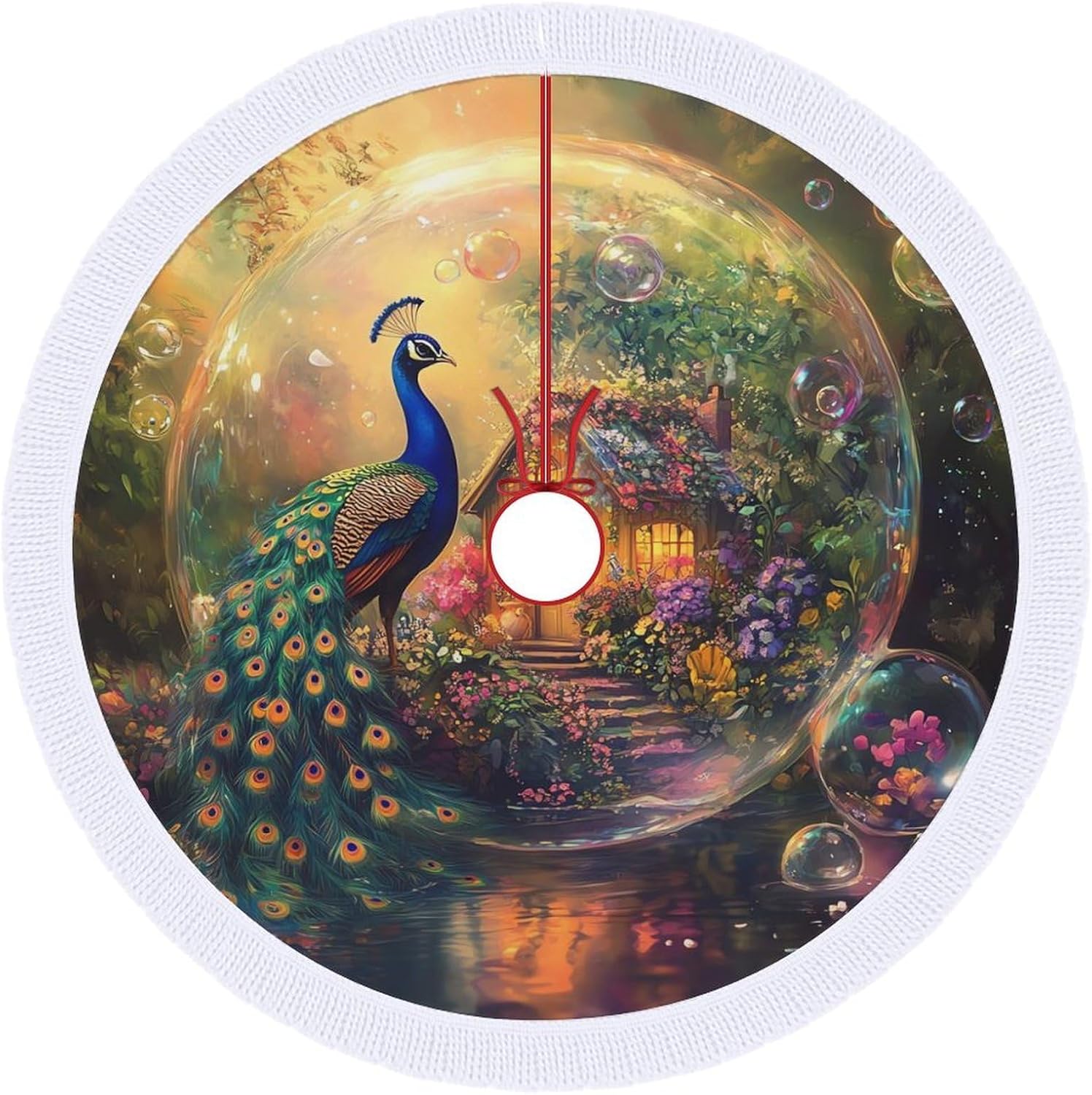 Peacock Christmas Tree Skirt Round Xmas Tree Mat Ornaments Tree Skirts with Tassels for Holiday Party