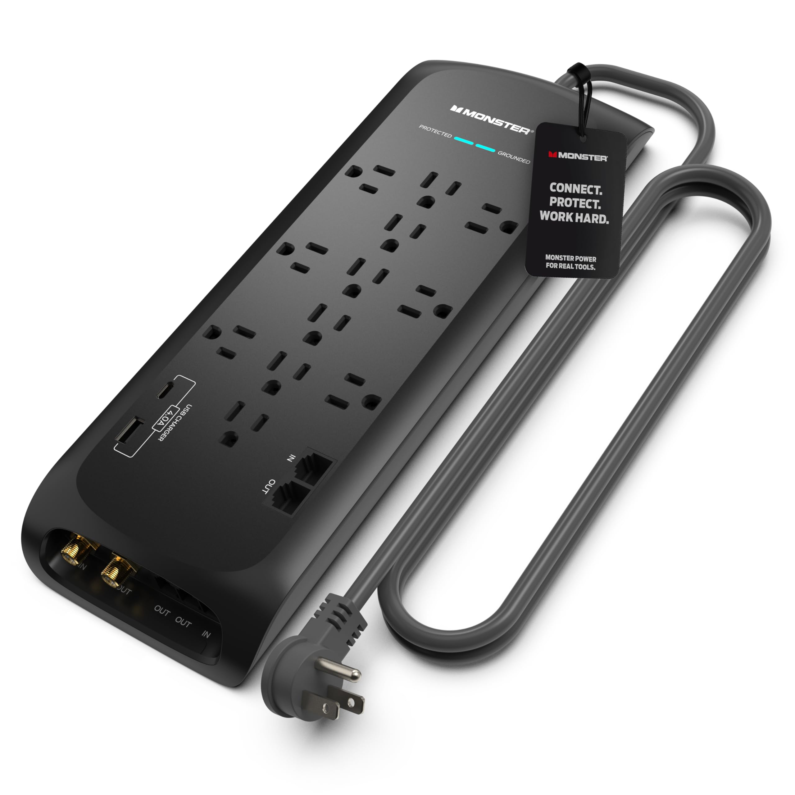 Monster Power Surge Protector w/ 4050 Joule Rating — Heavy Duty 6 FT Surge Protector Power Strip w/ 12 Outlets, 2 USB, 2 Coax, 2 Ethernet Ports — Fireproof MOV, Dual Mode, Clean Tech (Black)