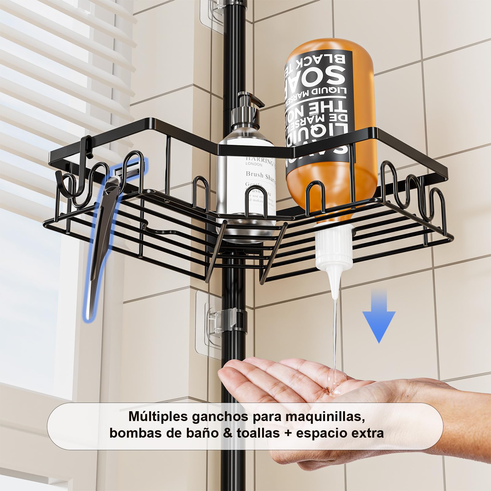 Telescópica Estantería Ducha - Altura Ajustable 86-298 CM, Estanteria baño Sin Taladro, Esquina Estante Ducha, Estanteria Ducha Telescopica con 4 Cestas para Bañera y Baño，Negro | Altura ajustable, 86-298 cm, 4 estantes, estante de ducha organizador