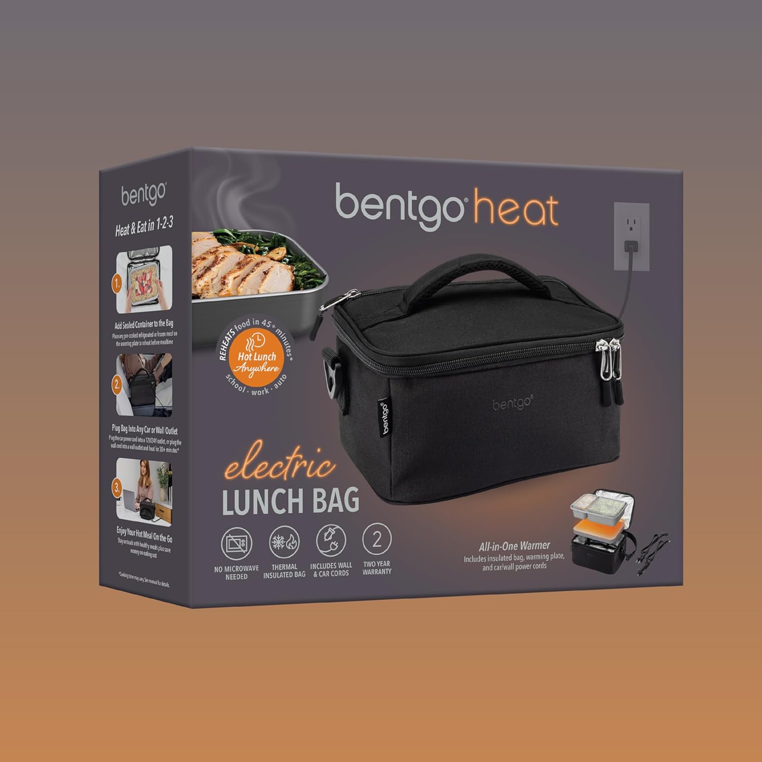 Bentgo Heat - Electric Lunch Bag & Food Warmer for Reheating Meals in Car, at Work & More - Heated Lunch Box Warmer for Adults, Students & Shift Workers, 12V/24V Auto & 120V Wall Cords (Carbon Black) - Image 7