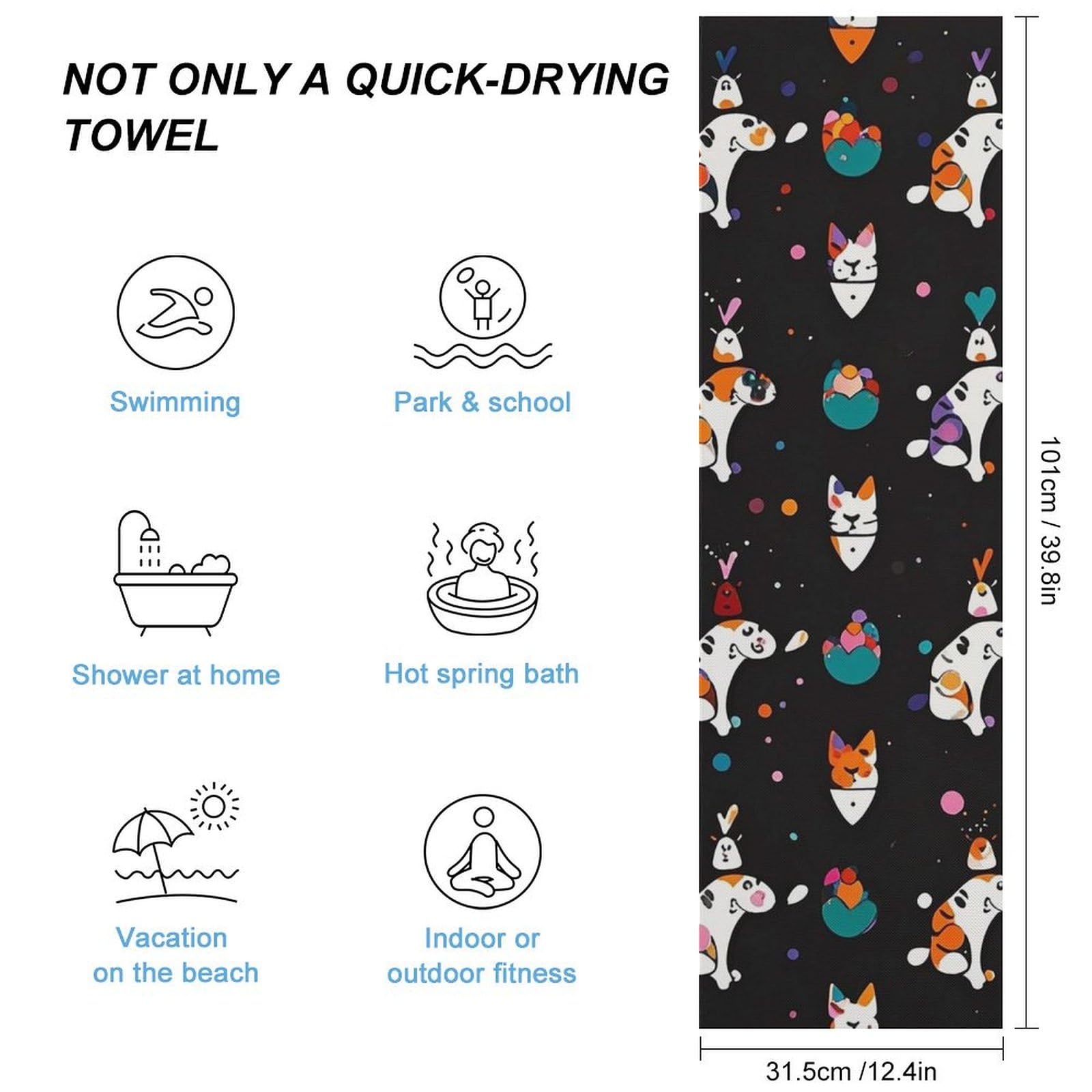 FHESDCW Cute Cartoon Cat Towel Quick Dry Ice Towels for Hot Weather Breathable Camping Towels Sweat Super Absorbent Bathroom Towel for Gym Yoga Pilates Exercise