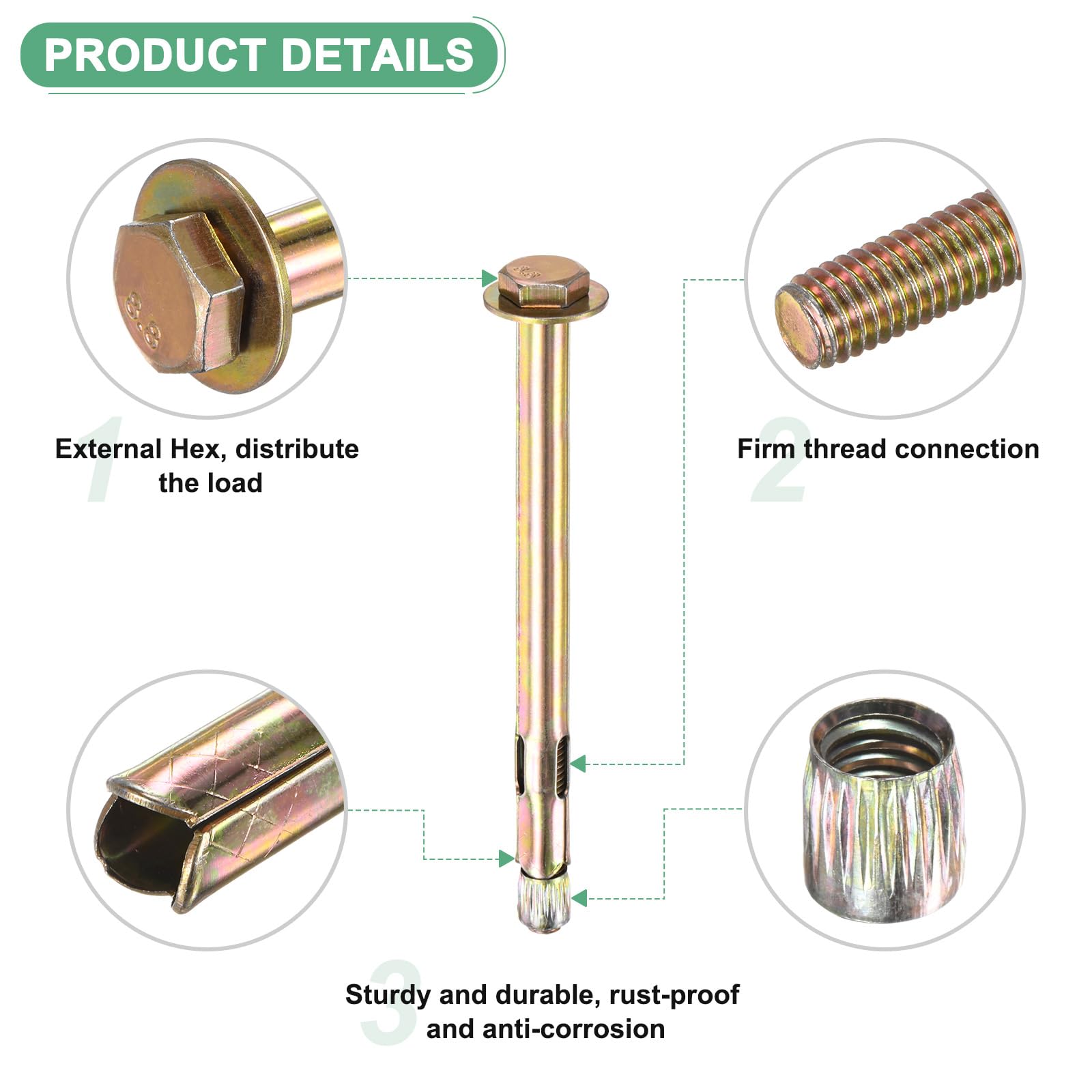 M METERXITY 20-Pack Tornillo De Expansión Hexagonal M8x120mm Hierro Galvanizado Acero Al Carbono Tornillos De Expansión Hexagonal Externos Tornillo Metálico Anticorrosión Para Paredes