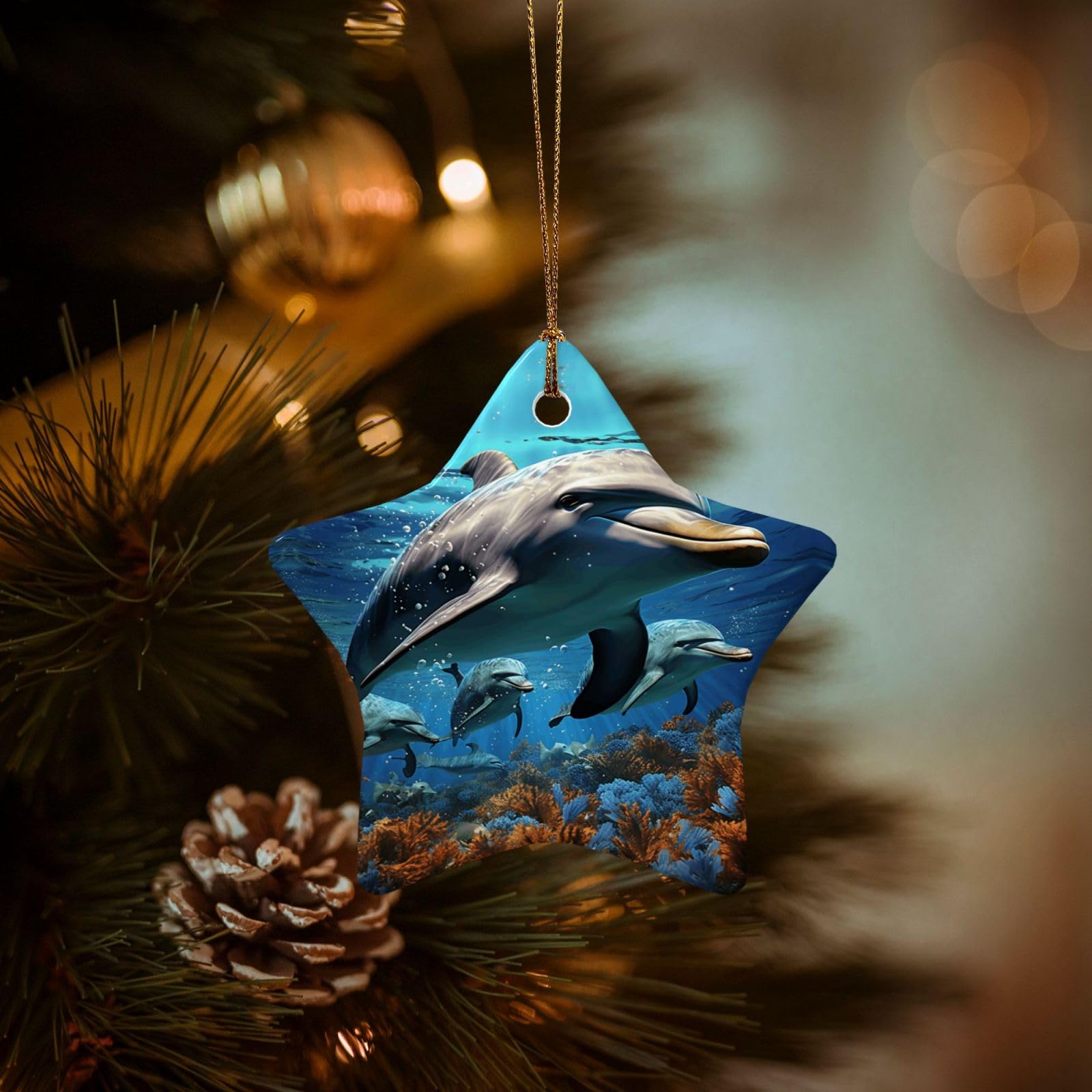 Christmas Ornaments for Christmas Tree Decoration Hanging Dolphins Ornament with Gold Ribbon Crafts Star Shape Ceramic Pendant for Keepsake Gifts Xmas Decor Party Supplies