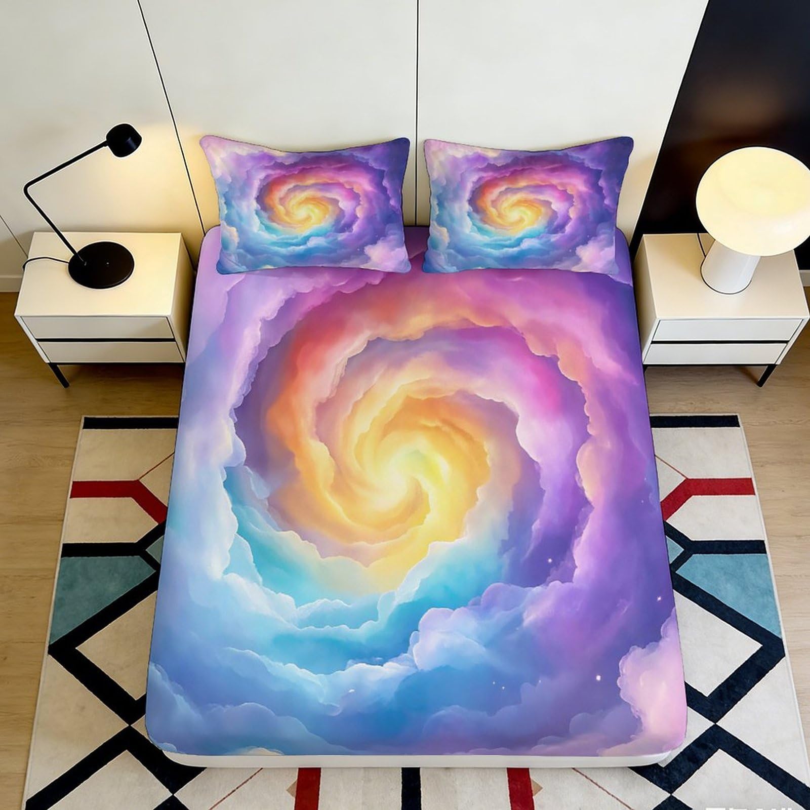 3D Printed Rainbow Spiral Fitted Sheet Microfiber Soft Bedroom Decor Cosmic Vortex Mattress Cover for Home Dorm 200x200x25cm