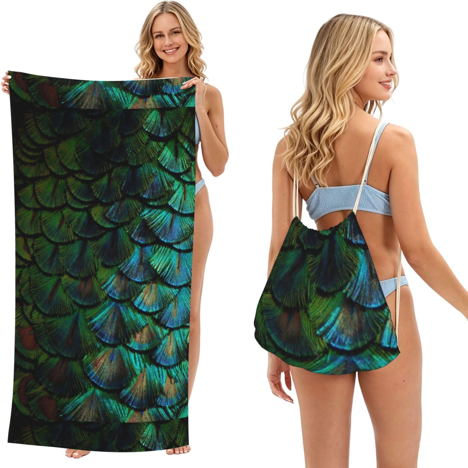 Poadnly As Picture Beautiful Peacock Feather, 2 In 1 Packable Towel Bag, Beach Towels With Drawstring Backpack For Travel Holiday Camping