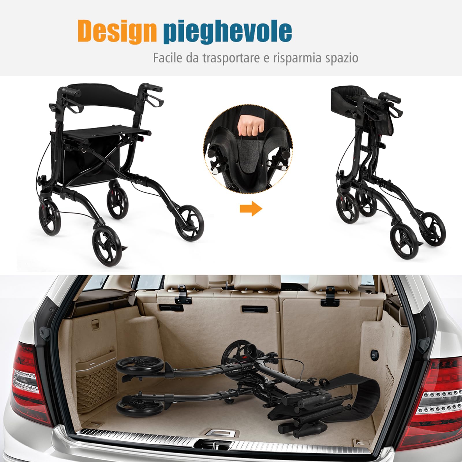 COSTWAY Deambulatore Pieghevole per Anziani Ultraleggero, con Sedile Borsa da Spesa e 4 Ruote Freno a Mano, Rollator Altezza Regolabile, Capacità 136kg, Lega di Alluminio, Nero (Nero)
