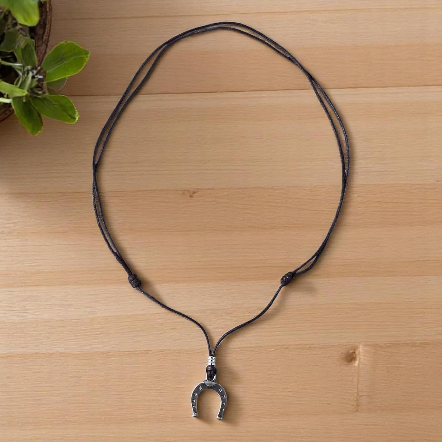 BlueRica Horseshoe Pendant on Adjustable Brown Cord Necklace - Image 6