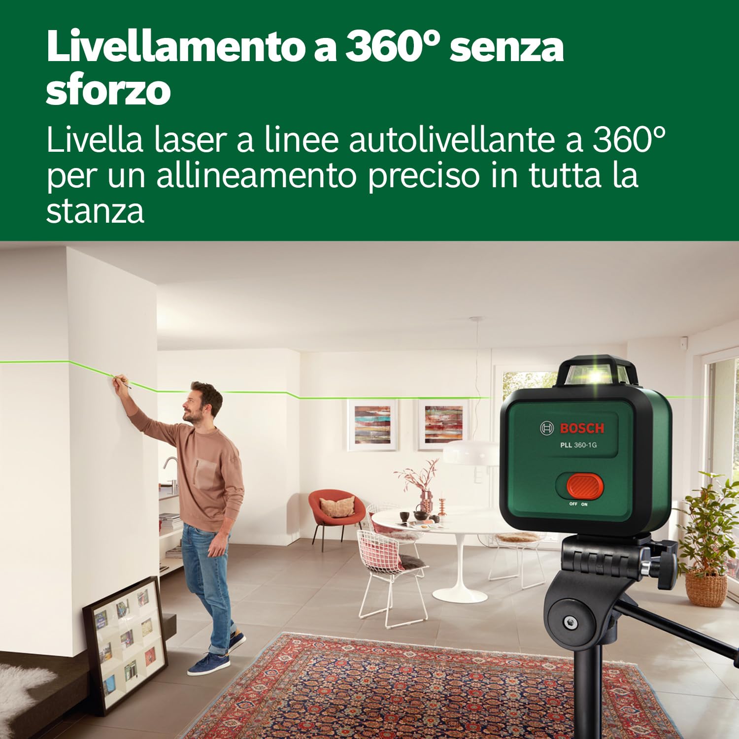 Bosch Livella laser PLL 360-1G (laser verde a 360°, autolivellante, precisione ±0,4 mm/m, batteria ricaricabile agli ioni di litio integrata, ricarica USB-C®, in confezione di cartone)