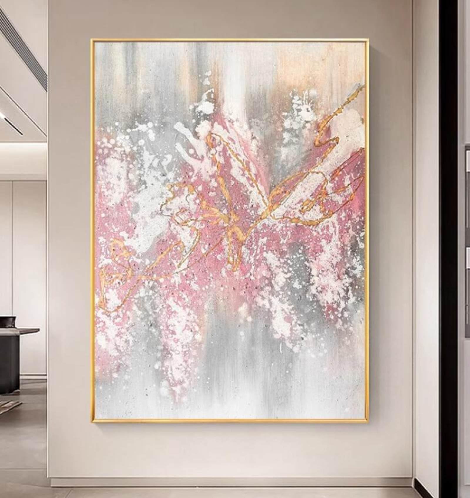 Peinture à l'huile texturée en feuille d'or rose abstraite de luxe léger