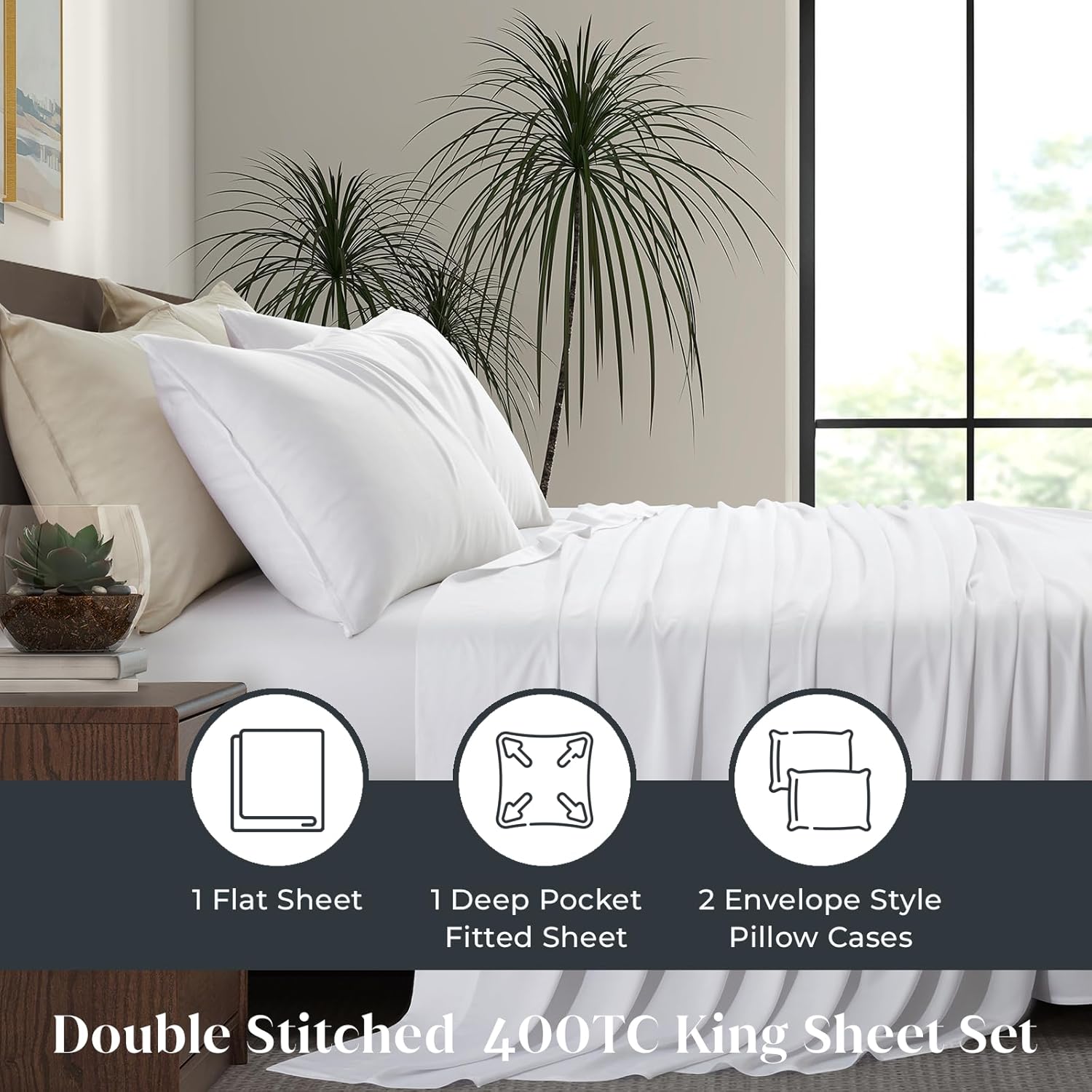 Luxury Bamboo Market | King Size Bed Sheet Set | 100% Viscose Made from Bamboo | Organically Grown | Ultra Soft | Cooling Sheets for Hot Sleepers | 17" Deep Pocket [Classic White] - Image 4