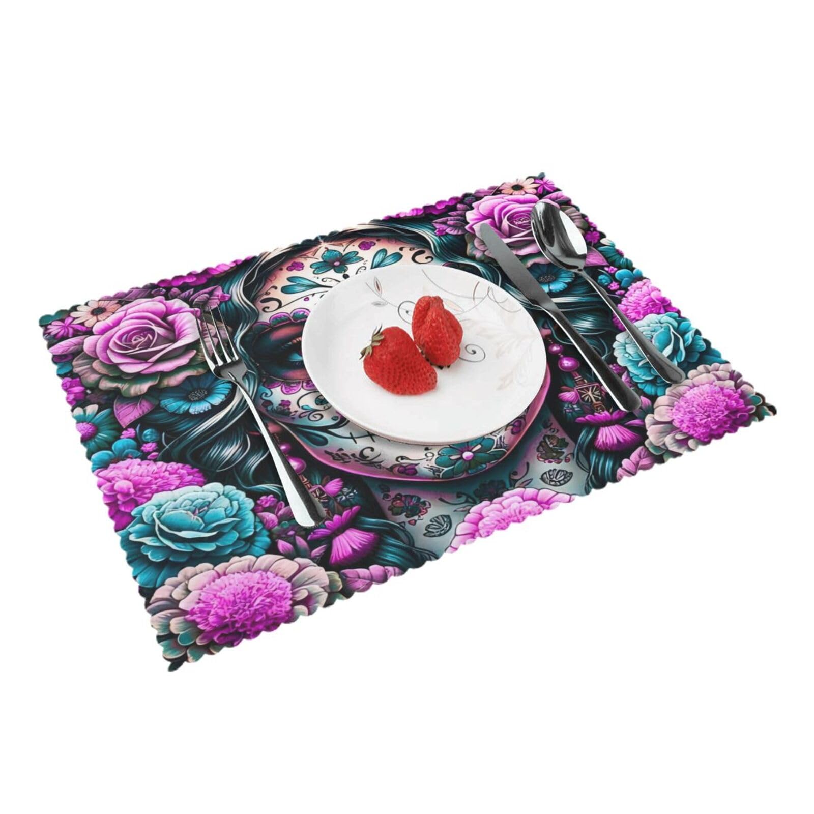 Colorful Sugar Skull Roses Day of The Dead Placemats Set of 4 Print Table Mats Place Mats Table Decor for Kitchen Dining 12X18 in