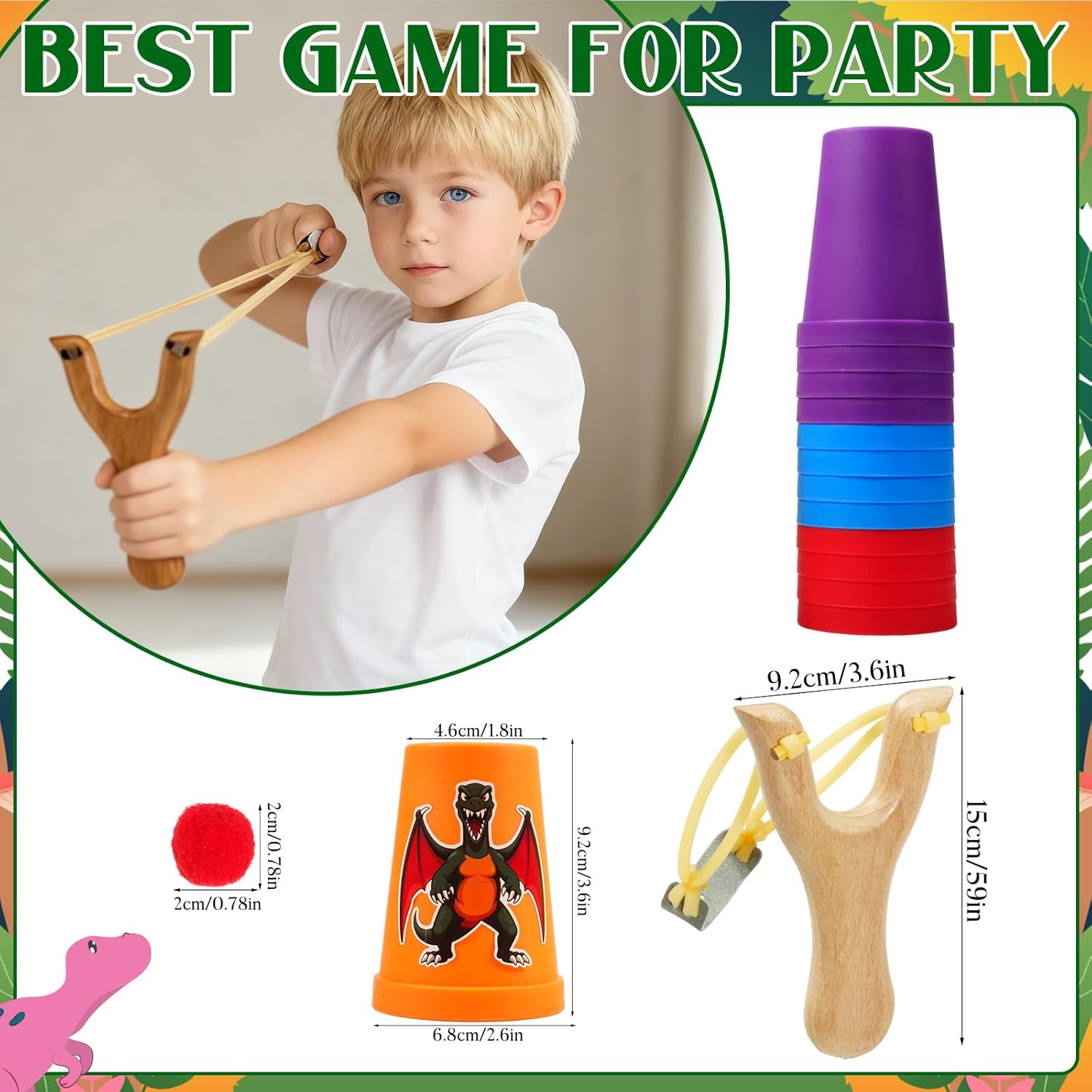 Dinosaur Sling Shot Game for Kids - 2 Wooden Slingshots,24 Plastic Cups & 30 Pom Poms,Carnival Toss Games Indoor Outdoor Party Activities,Birthday Decorations