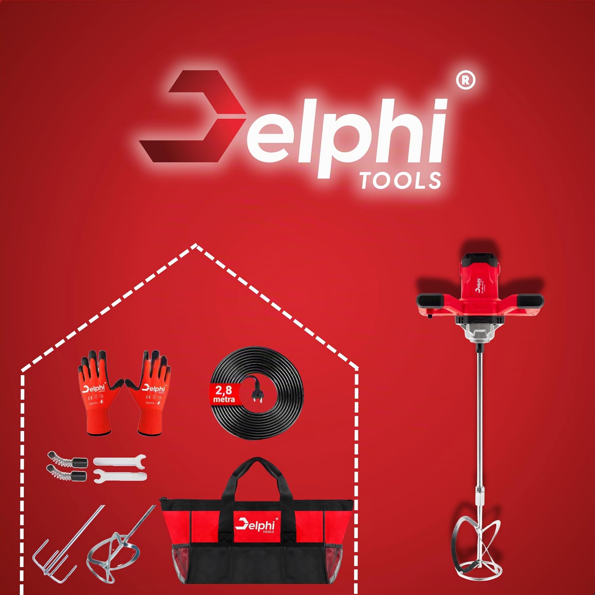 Delphi Mélangeur électrique 2600 W avec 2 agitateurs, 6 vitesses, pour colle, béton, peinture, plâtre avec sac et accessoires M14 940 tr/min
