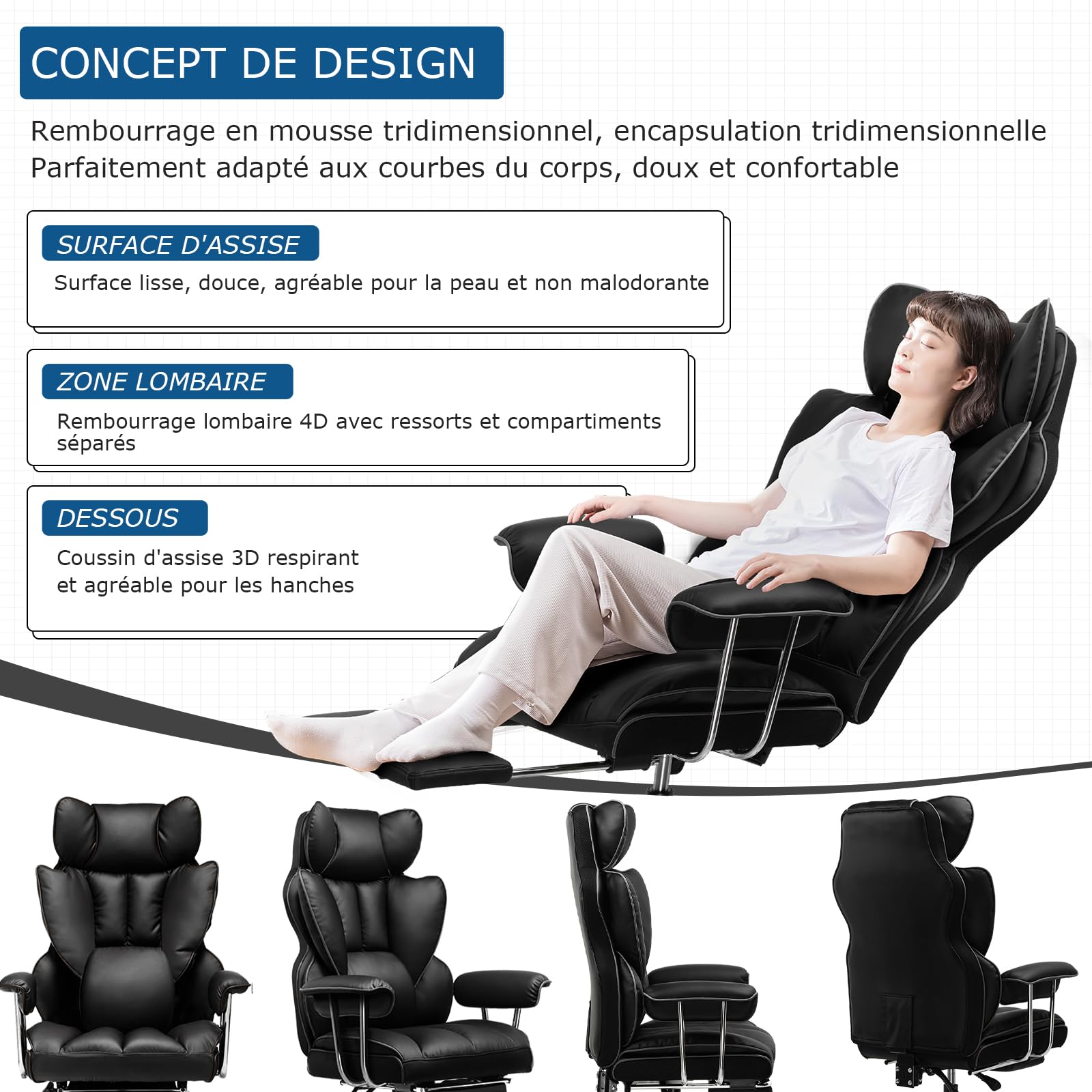 GTPLAYER Chaise Gaming, Fauteuil Gaming Ergonomique, Siège Réglable, Repose-Pieds Télescopique, pivotante, Supporte 180 kg, Noir