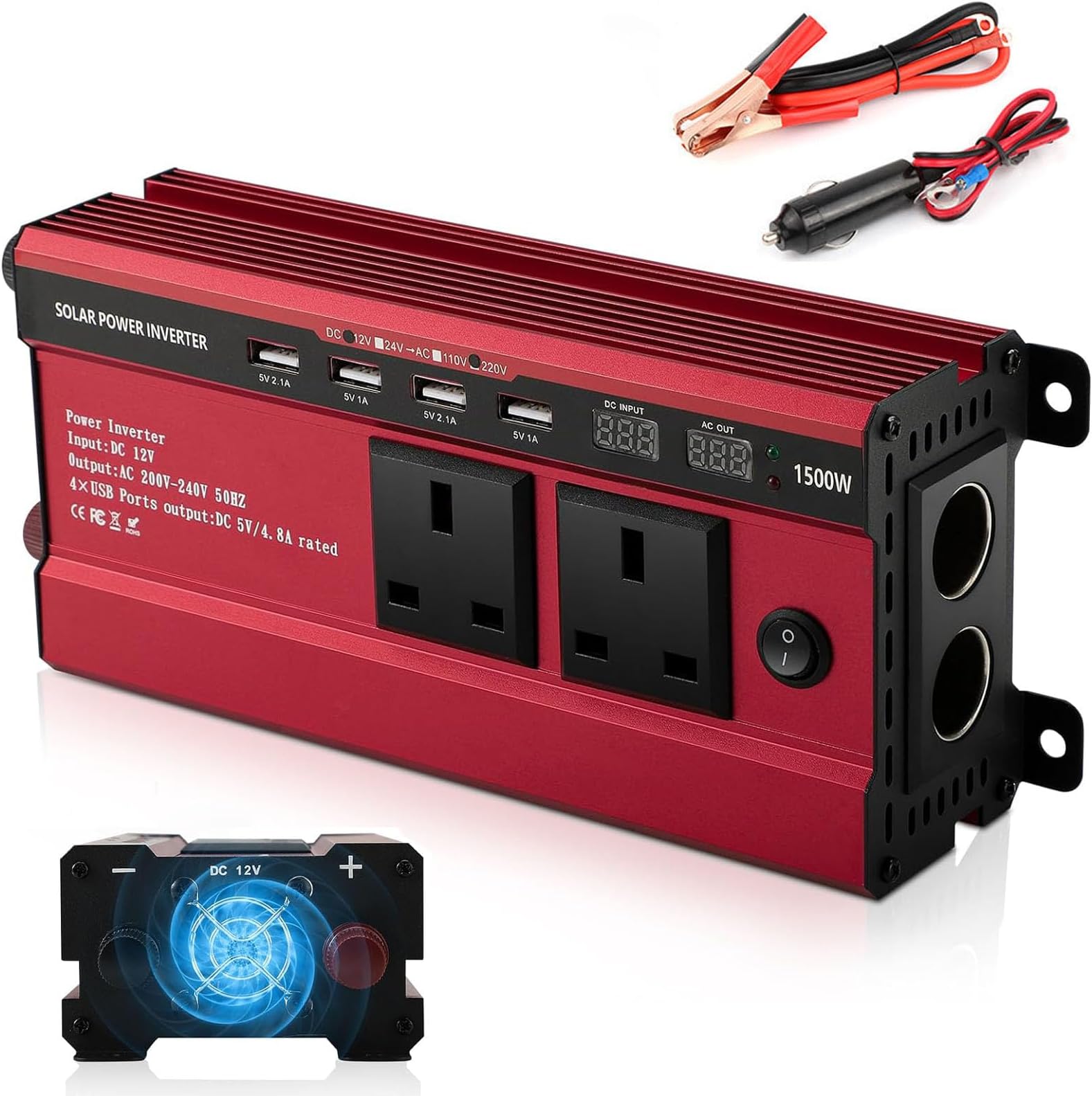 1500W Power Inverter 12V to 240V, AC Car Converter with 3.1A 4 USB 2 AC Sockets, Dual Car Adapter With LED Display, Peak Inverter Suitable for Outdoor, Camping, RV, Travel