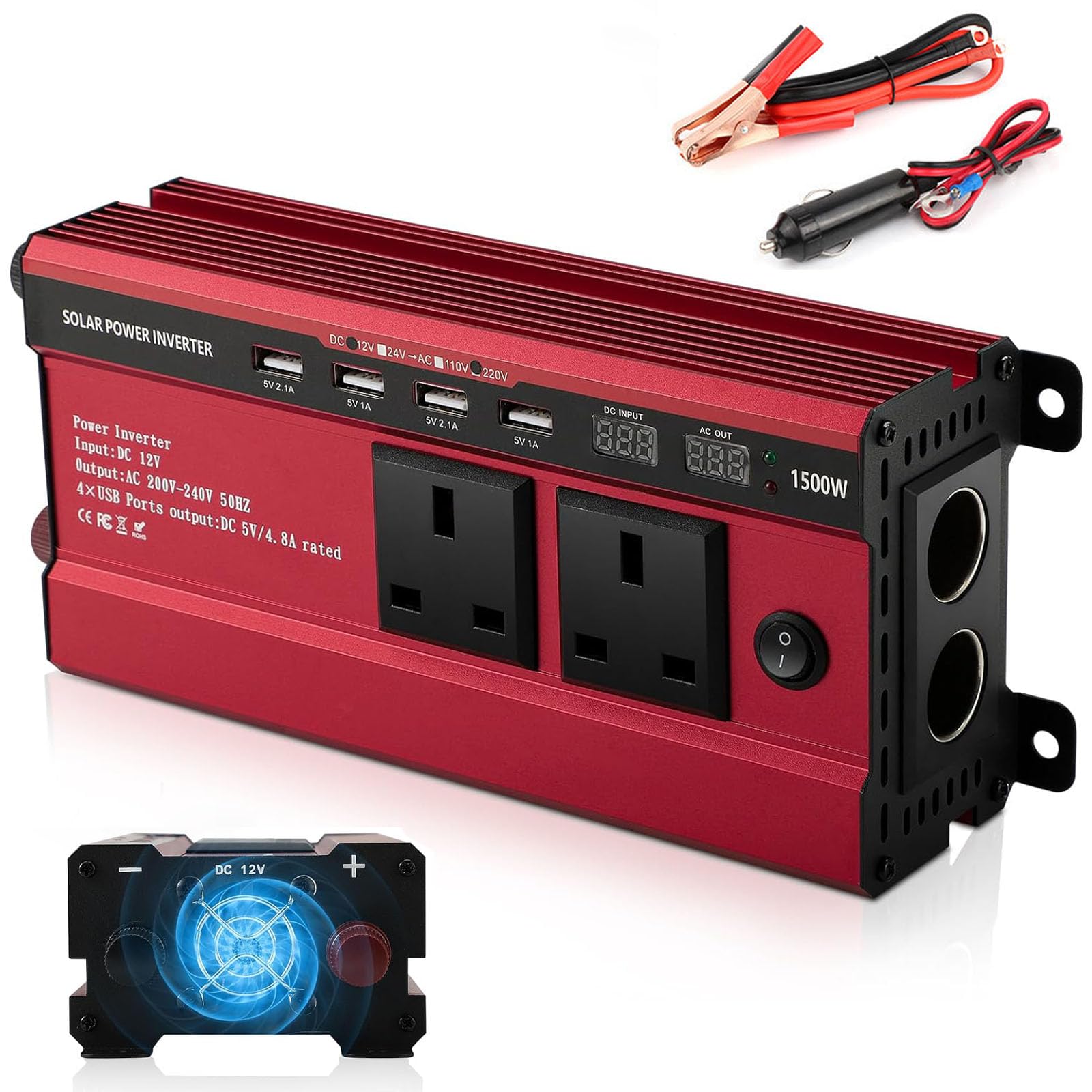 1500W Power Inverter 12V to 240V, AC Car Converter with 3.1A 4 USB 2 AC Sockets, Dual Car Adapter With LED Display, Peak Inverter Suitable for Outdoor, Camping, RV, Travel