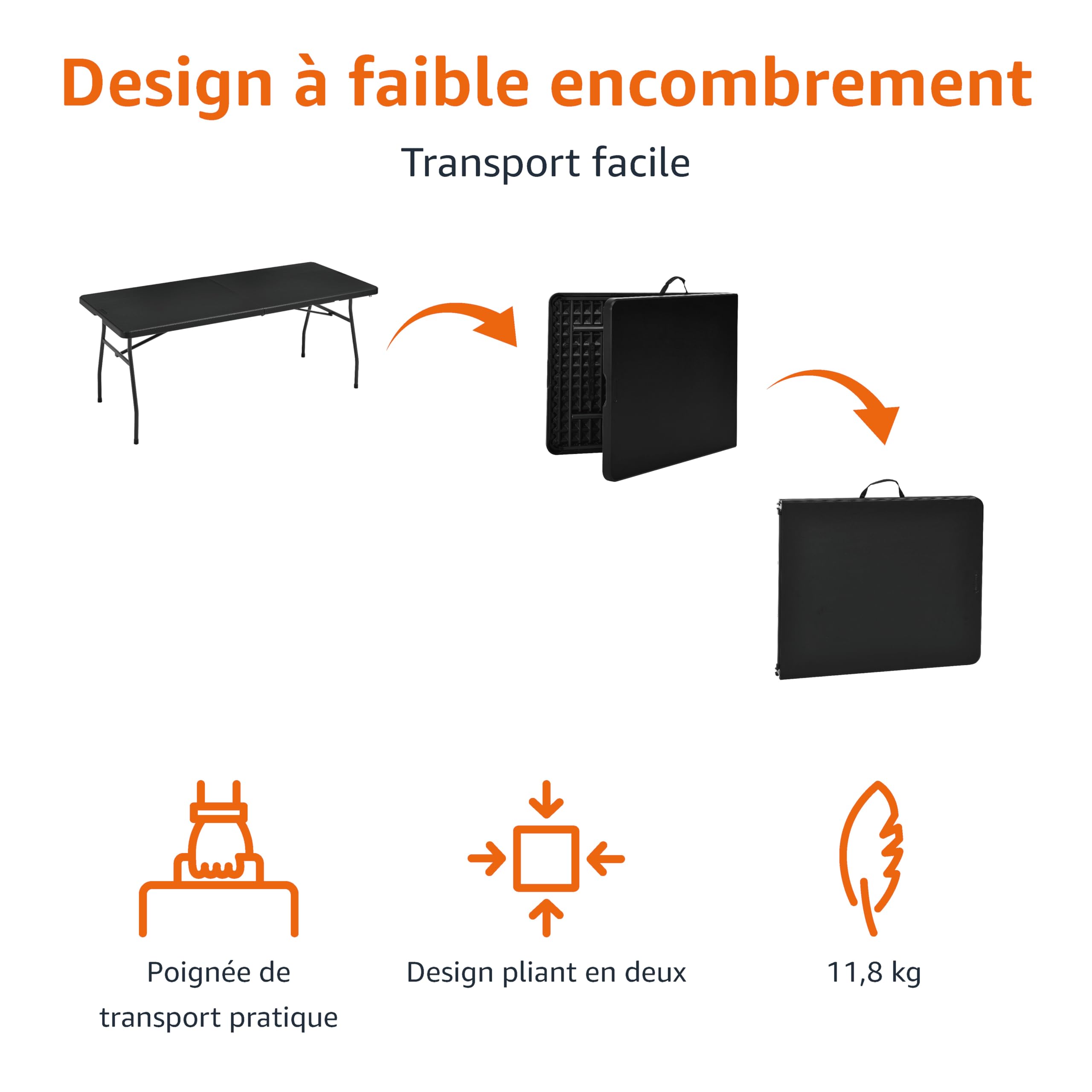 Amazon Basics Table pliante rectangulaire de 1,8 m avec poignée de transport, pour intérieur et extérieur, portable, légère, table de voyage, pique-nique, camping, noir, 182 x 75 x 73 cm
