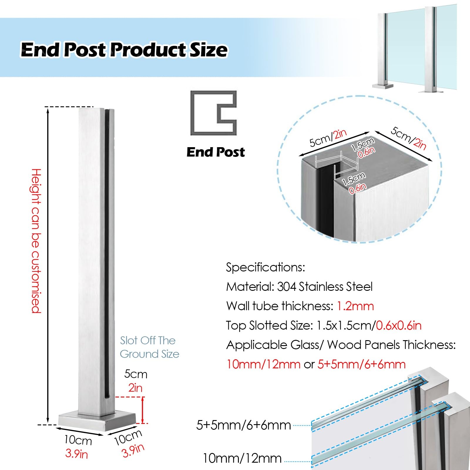 Poste cuadrado de acero inoxidable para uso en interiores y exteriores, altura ajustable de 60 a 105 cm, perfecto para balcones, escaleras y jardines