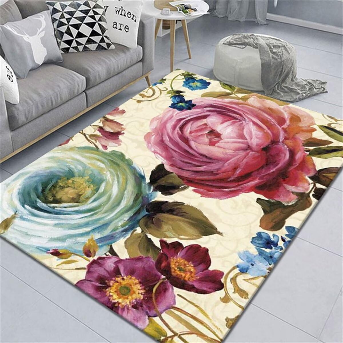 Tapis couloir long moderne motif floral coloré 90x150cm pour salon