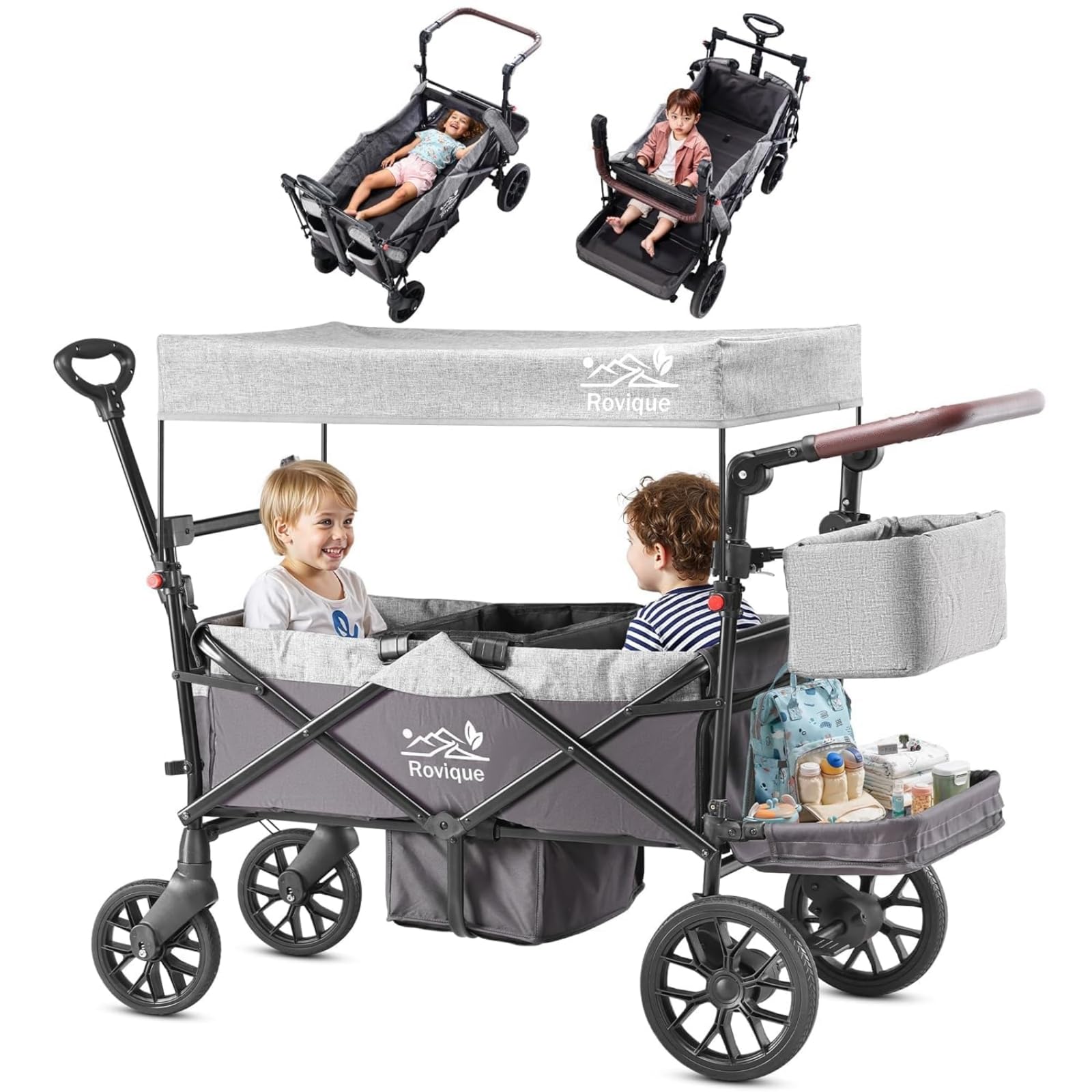 Carrozzina pieghevole per 2 bambini, con tetto e vassoio rimovibile, porta con chiusura lampo, cintura a 5 punti, manico regolabile, carrello con sedile, trascinamento e scorrimento