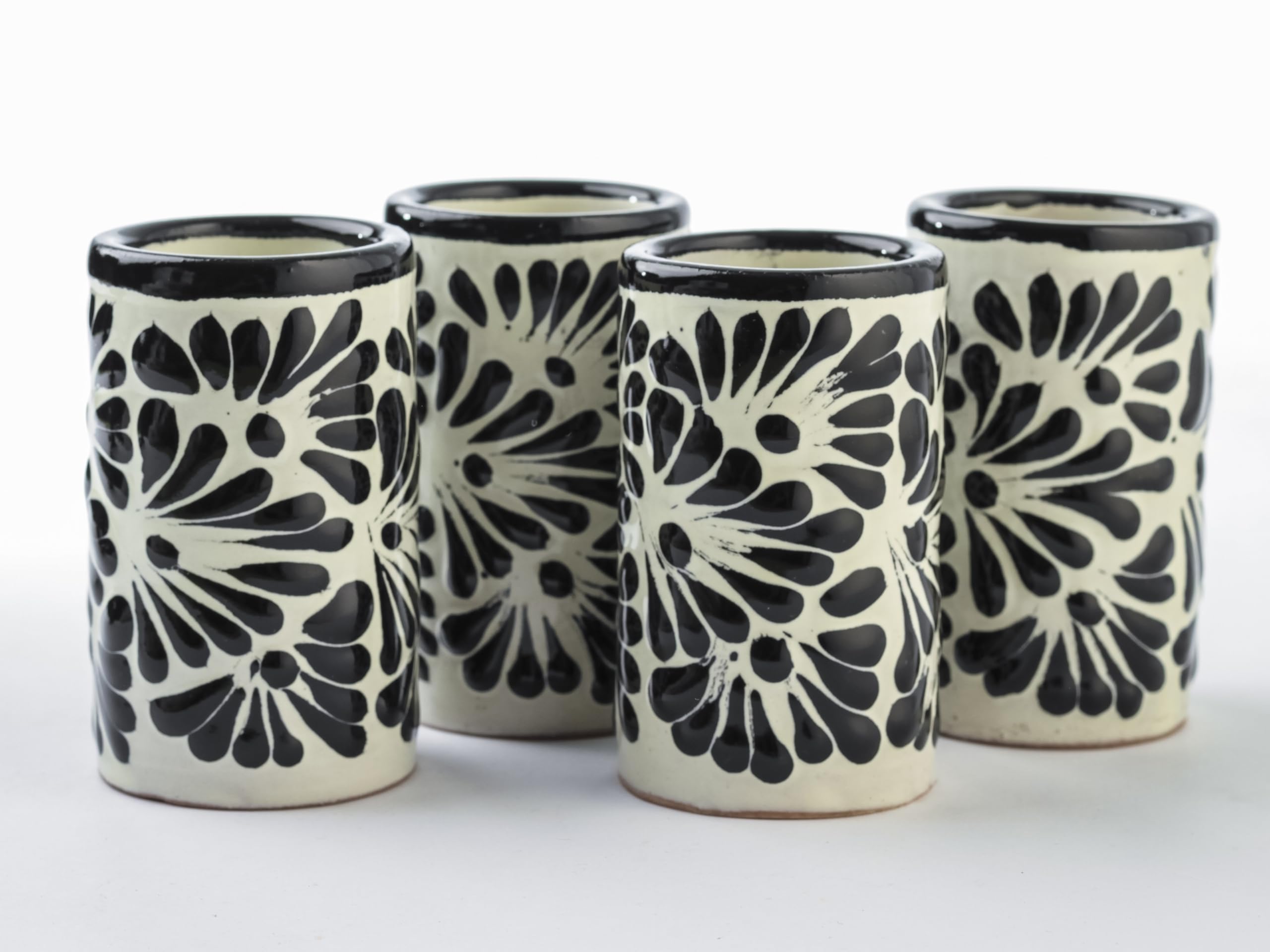 Talavera Shot Glasses Set of 4 Authentic Mexican Tequila Shot Glasses - Hand-painted - 2 Oz (Black Brushstroke White Background)