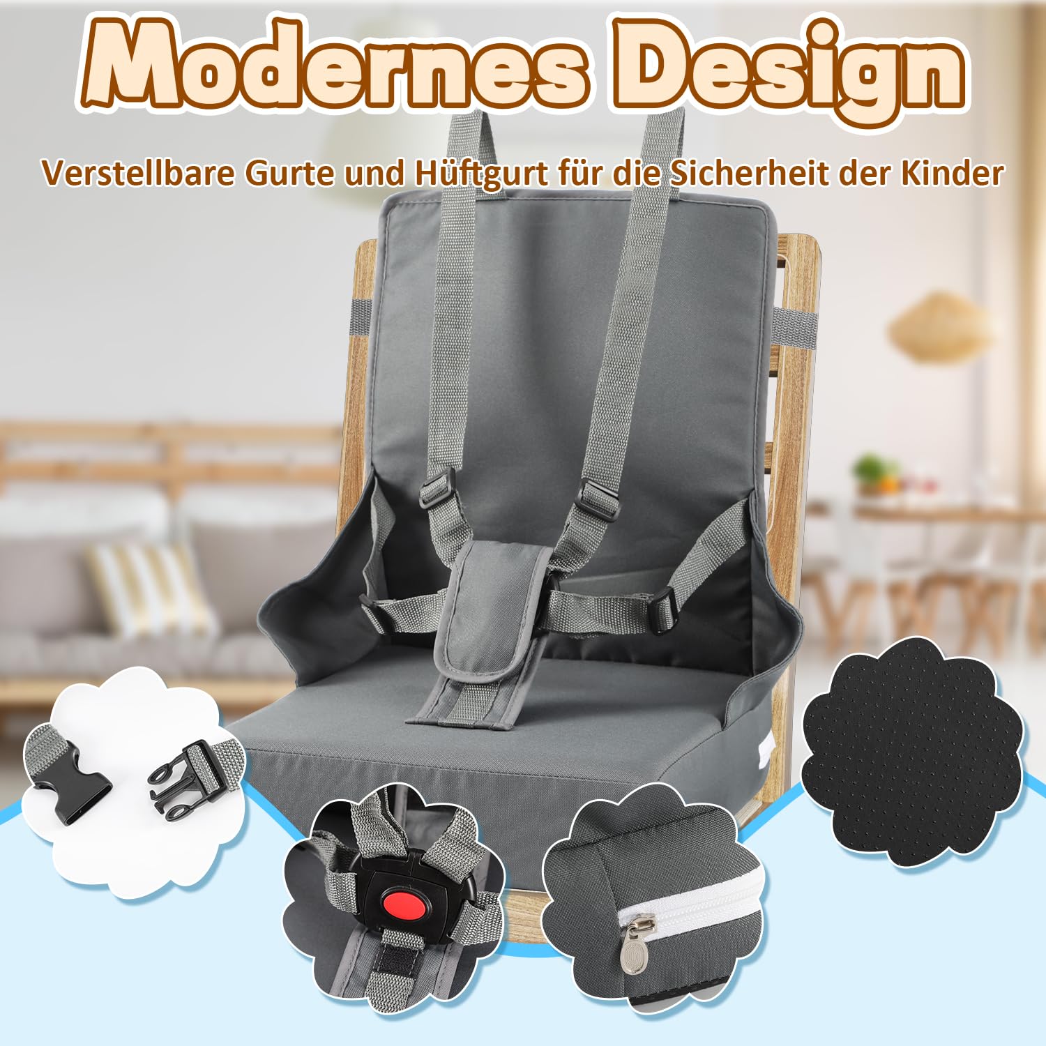 Asiento elevador de silla infantil, correa de 5 puntos, plegable silla elevador, cojín portátil para niños con respaldo, impermeable y fácil de limpiar, incluye bolsa de almacenamiento, gris