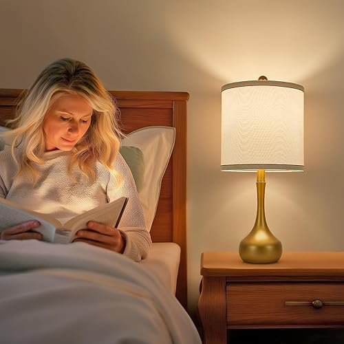 Miniatura 3 de Juego de 2 lámparas de mesa de granja de 23 pulgadas, modernas lámparas de noche de metal dorado para sala de estar, lámparas de mesa rústicas de 3