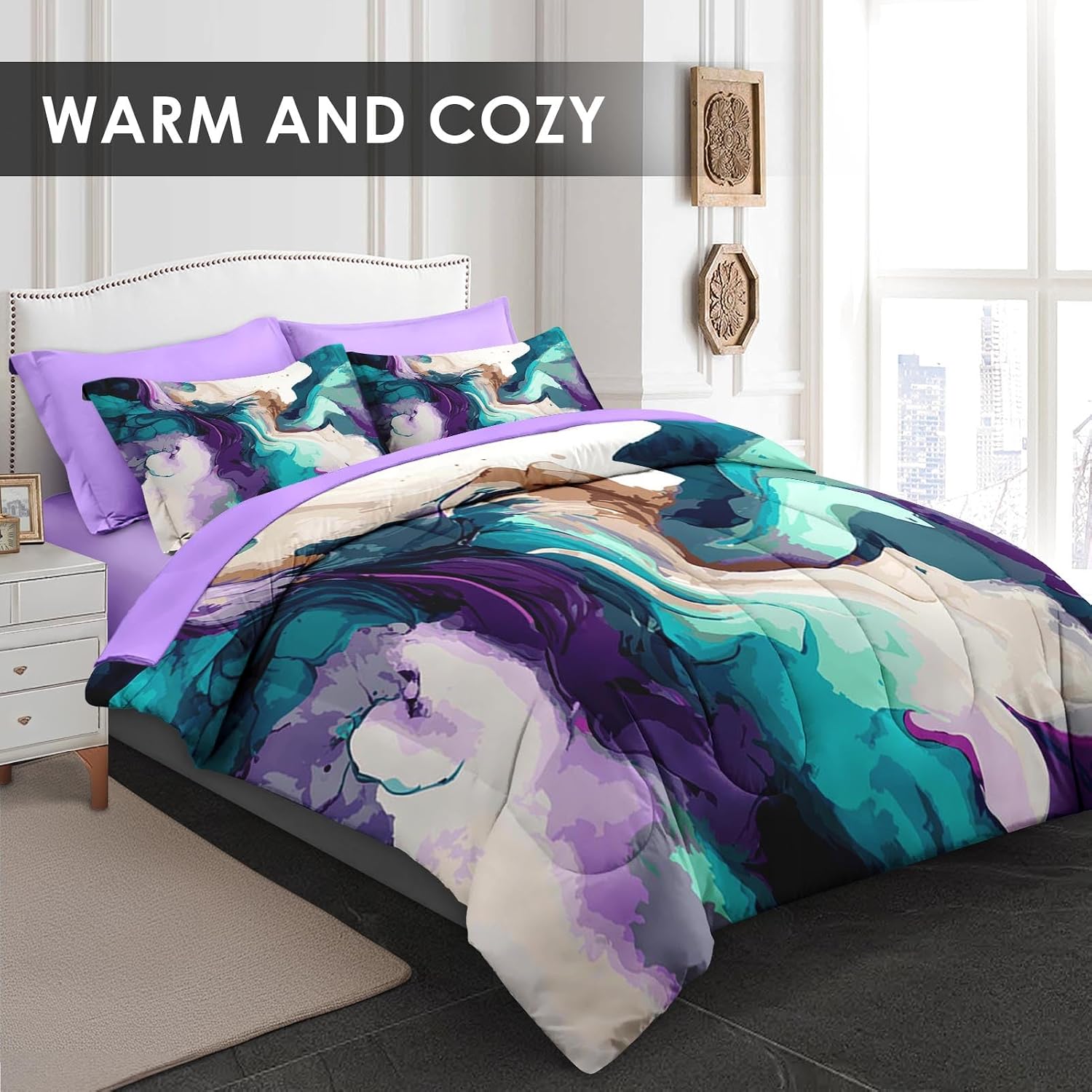 Pamnest Comforter Set Queen Size, Marble Colorful 7 Pcs Bedding for Kids and Adults, Multicolored Purple Teal Bed Sheet Sets with Fitted Sheet 2 Pillowcase & 2 Sham for Bedroom Bed Decor