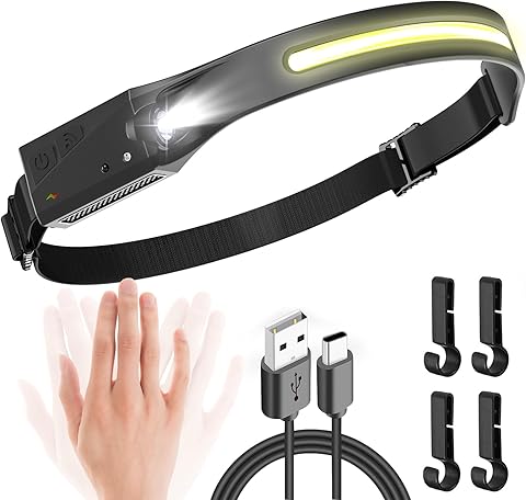 UNBON Linterna Frontal LED Recargable USB C, Super Brillante Linterna Cabeza LED Alta Potencia con Sensor de Movimiento, 5 Modos de Luz, Haz Amplio 230°, IPX4 Impermeable para Correr Pescar Trabajo