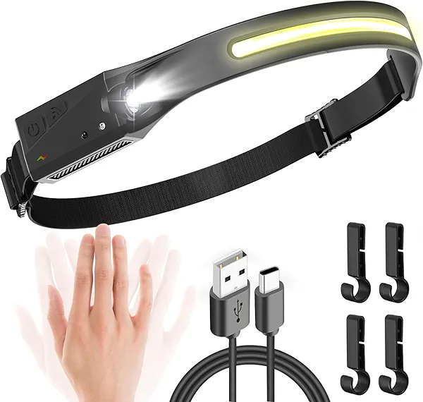 Headlamp Rechargeable, 230° Wide Beam Head Lamps LED Super Bright, Rechargeable Headlamp Flashlight USB C, Motion Sensor Head Lights for Forehead, 5 Modes Hard Hat Headlamp for Adults Running Camping