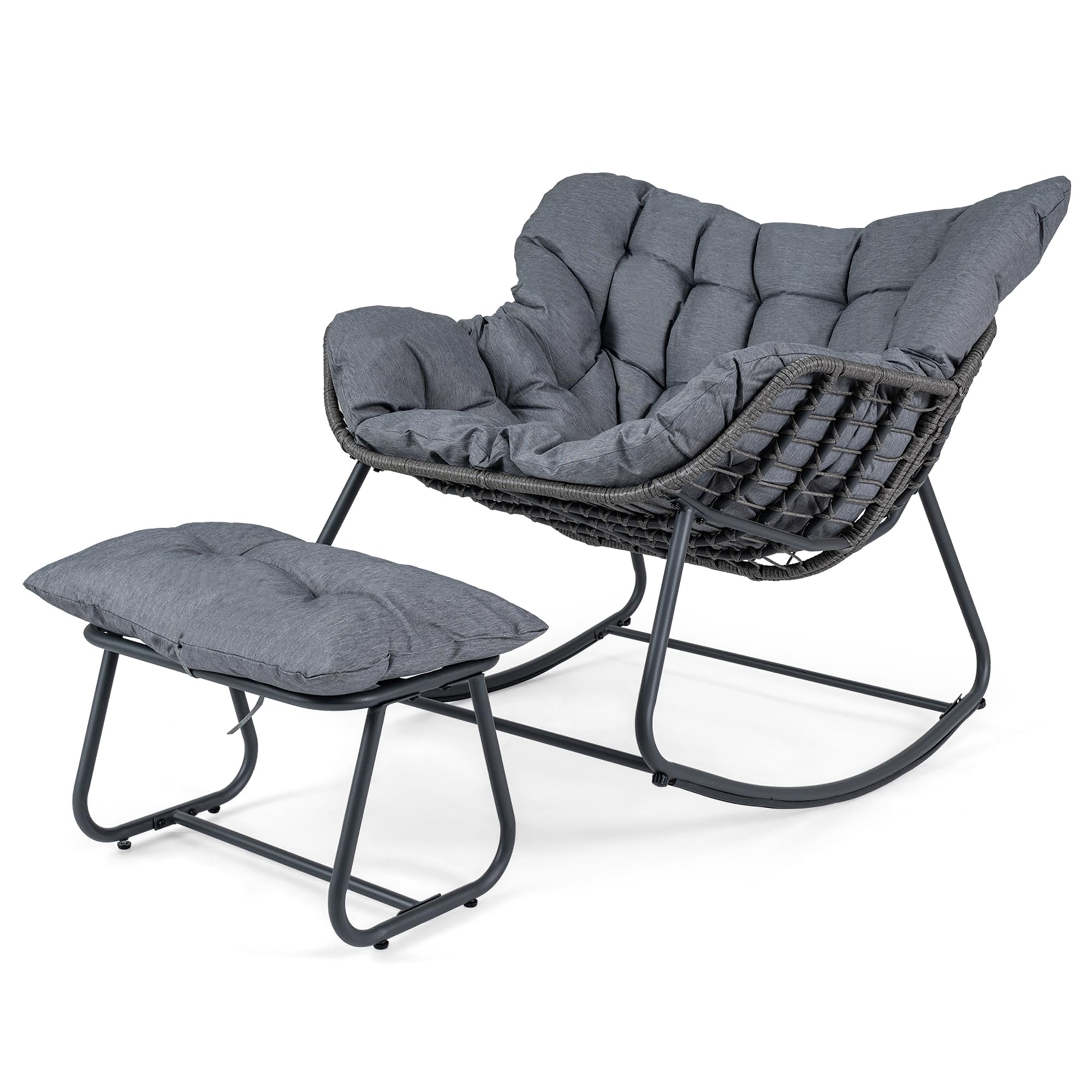 SOARS Fauteuil a Bascule en Rotin PE avec Repose-Pieds, Chaise a Bascule Surdimensionné avec Coussin Rembourré, Cadre en Métal, Charge 150KG, Rocking Chair en Forme d’Œuf Salon Jardin Balcon (Gris)