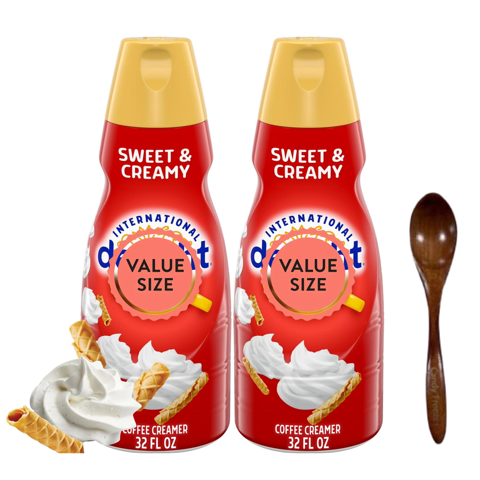 Sweet & Creamy Liquid Coffee Creamer.- Two (2) 32 fl oz Bottles of Creamy Smooth Delightful Coffee Creamer with Candy Freezer Wooden Spoon (Sweet &