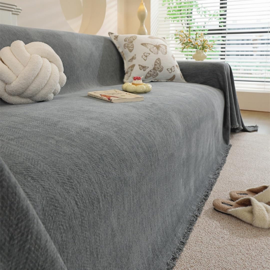 Highdi Chenille Sofa Throws Large Ersatile Soft Throw Blanket with Tassels, Solid Color Extra Large Throws for Settees Couch, Sofa, Bed, Armchair (Anthracite,180x180cm)