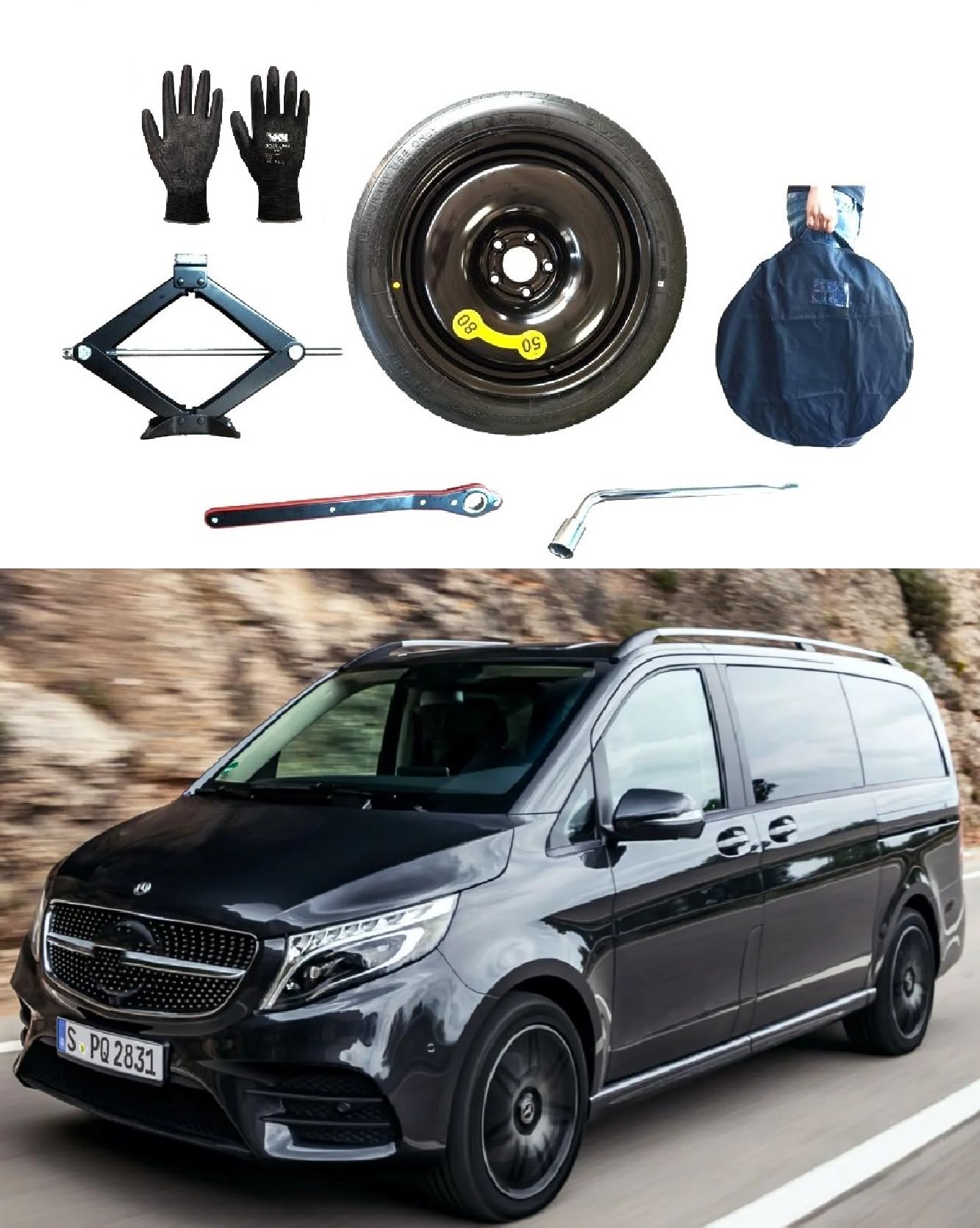 Kit de roue d'escorte 16" compatible avec Mercedes Classe V avec Cric, Clé, Gants et Sac