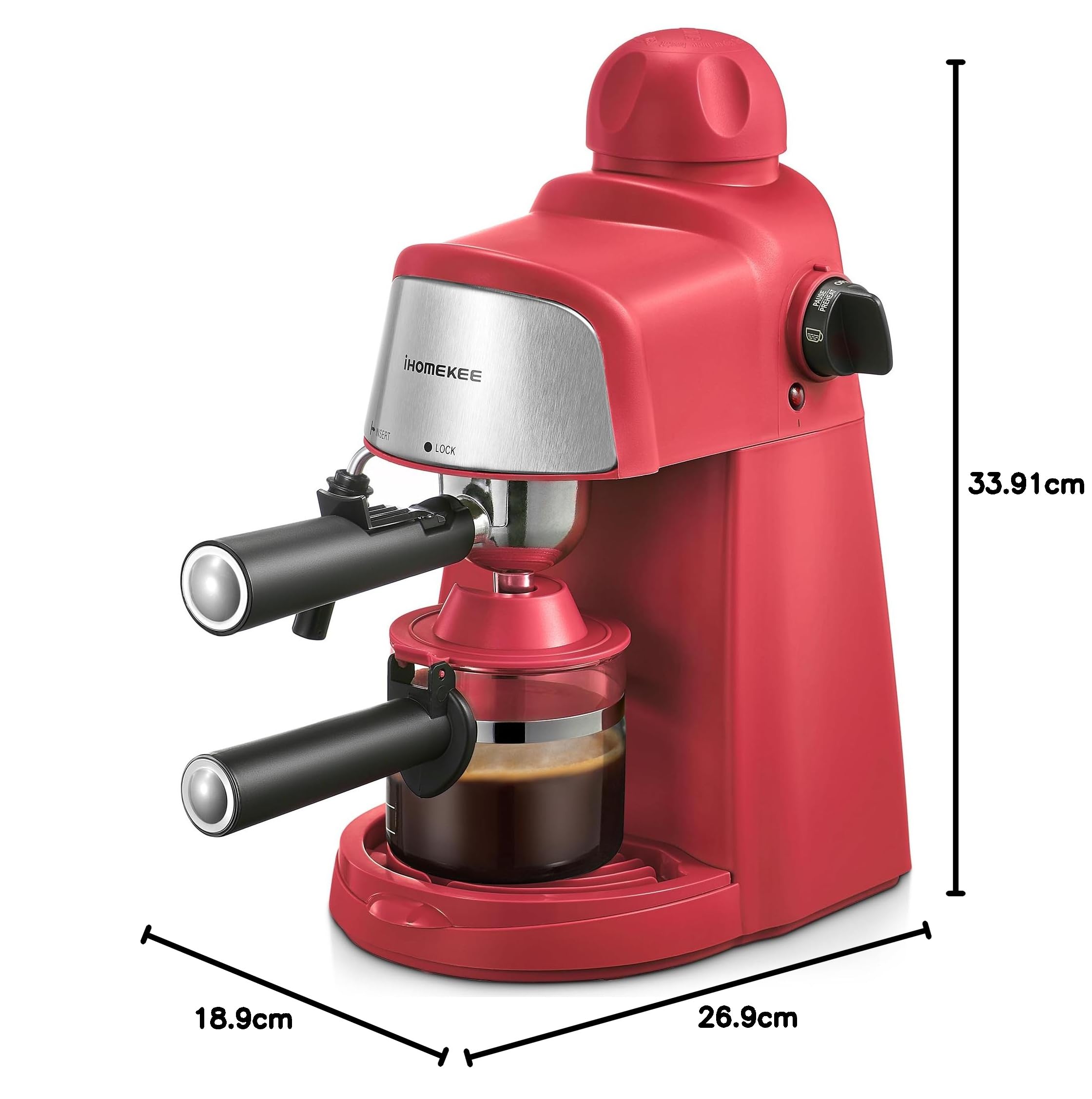 Ihomekee CM6810 - Máquina de café expreso de 3,5 bar y capuchino con función de precalentamiento, cafetera de 4 tazas con función de espuma de leche y varita de vapor (rojo), CM6810