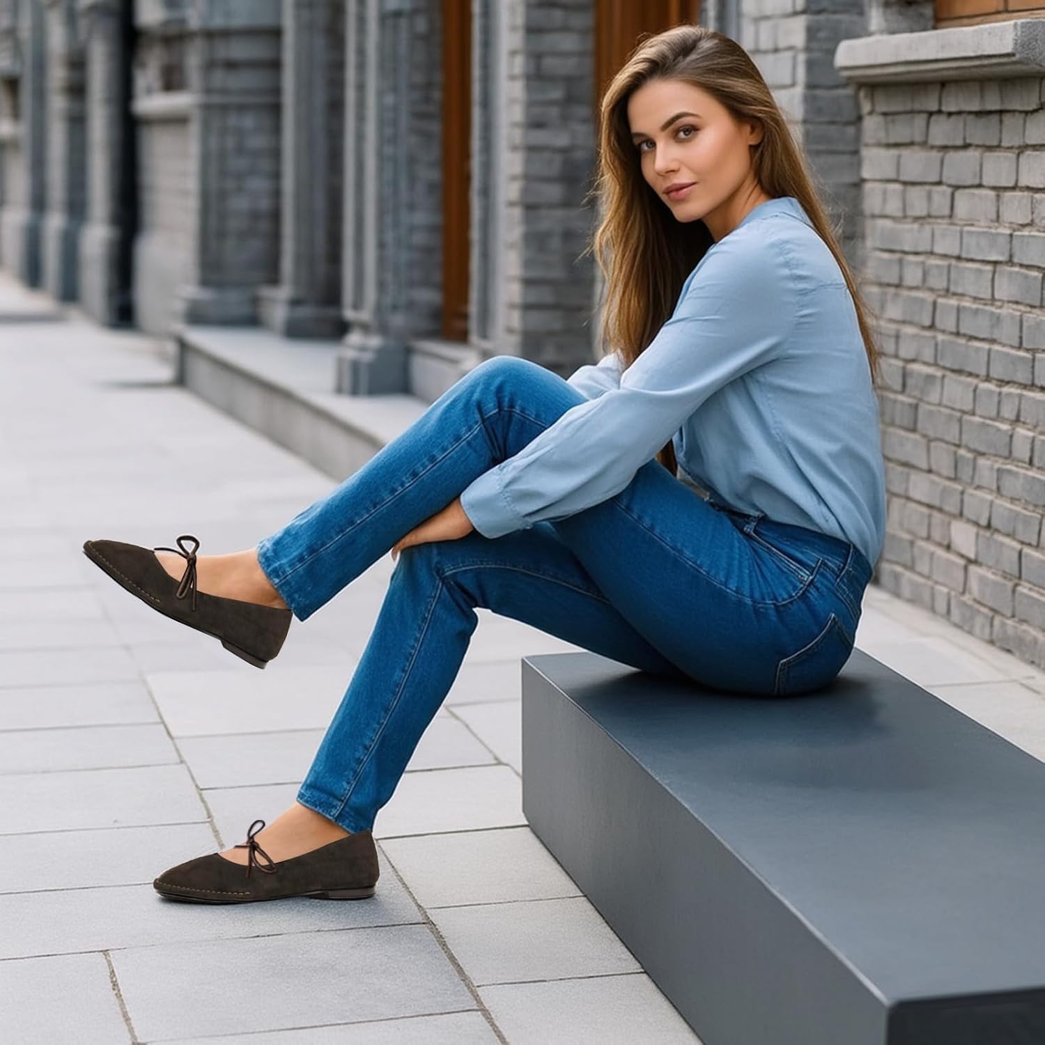 Square Toe Ballet Flats for Women Bow Strap Mary Jane Flats Lace Up Comfortable Ballerina Shoes - Image 3