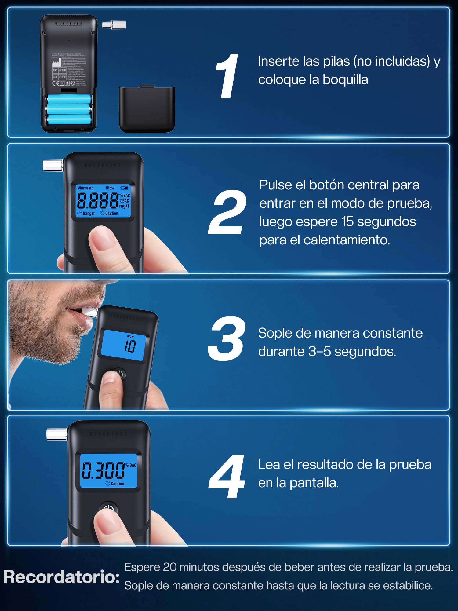 Alcoholímetro Homologado Portátil Alcol Test: Alcoholemia de Alta Precisión con Sensor Rápido - Alcoholímetro Electrónico con Pantalla LCD Azul y 10 Boquillas Reutilizables para Uso Personal Familiar