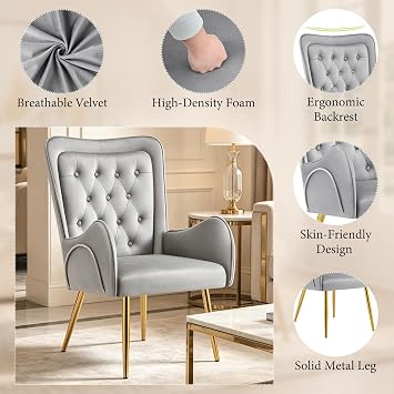 Hellove Armchair with Double Back, Set of 2 Velvet Accent Vanity Chair with Gold Metal Legs, Tufted Button Wingback Armchair for Living Room, Comfy High Back Reading Chair for Bedroom, Grey