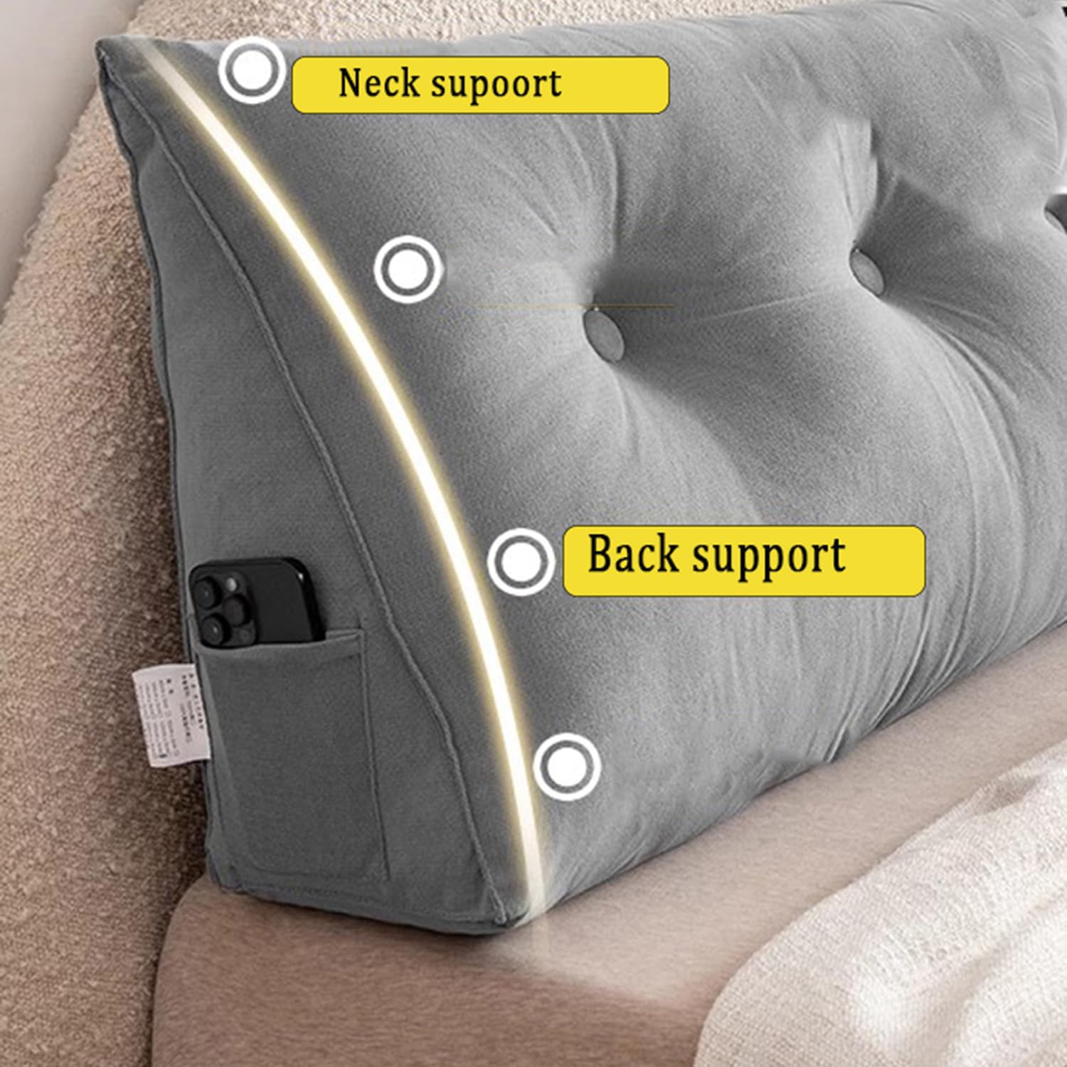Almohada de cabecera suave para apoyo lumbar de espalda, piernas, almohada triangular para cama, sofá, almohada de cuña suave y cómoda, soporte de posicionamiento del respaldo (95 x 55 x 15 cm, color