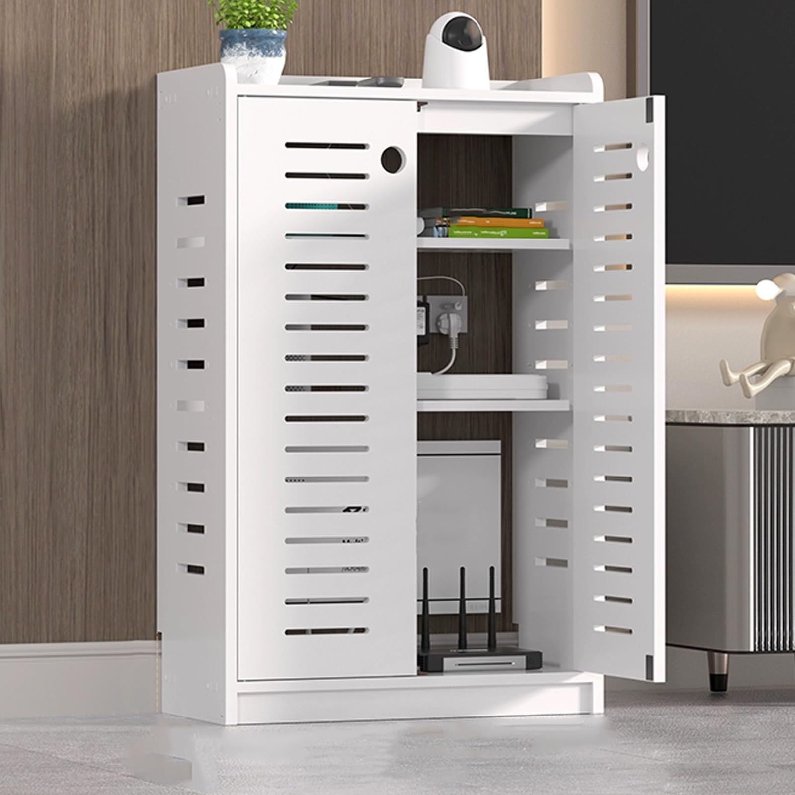 Étagère blanche pour routeur double pont meuble cache-câbles ventilé 50x60cm